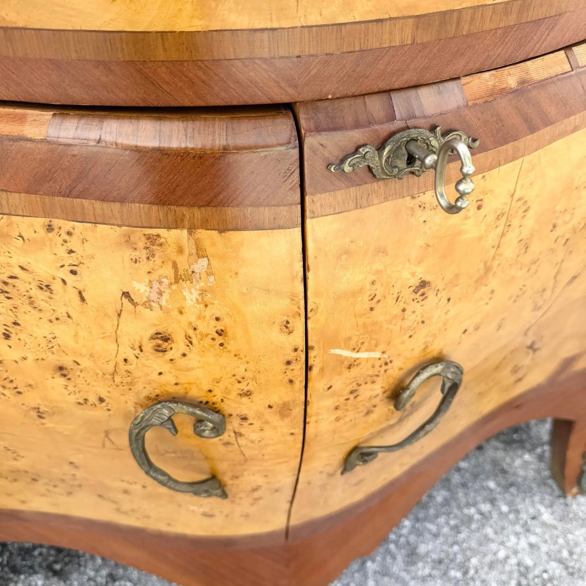 French Style Wood Inlaid Marble Top Bombe Sideboard Dolphin & Flamingo