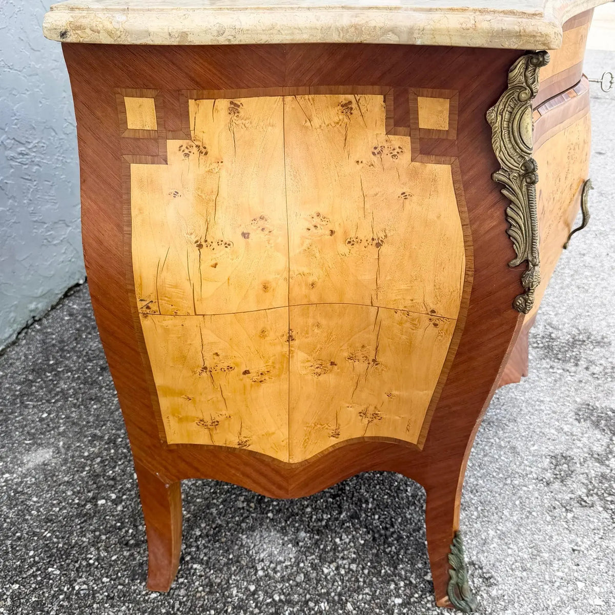 French Style Wood Inlaid Marble Top Bombe Sideboard Dolphin & Flamingo