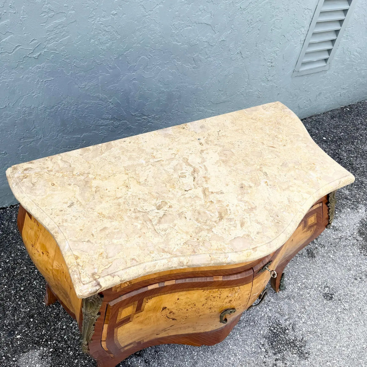 French Style Wood Inlaid Marble Top Bombe Sideboard Dolphin & Flamingo