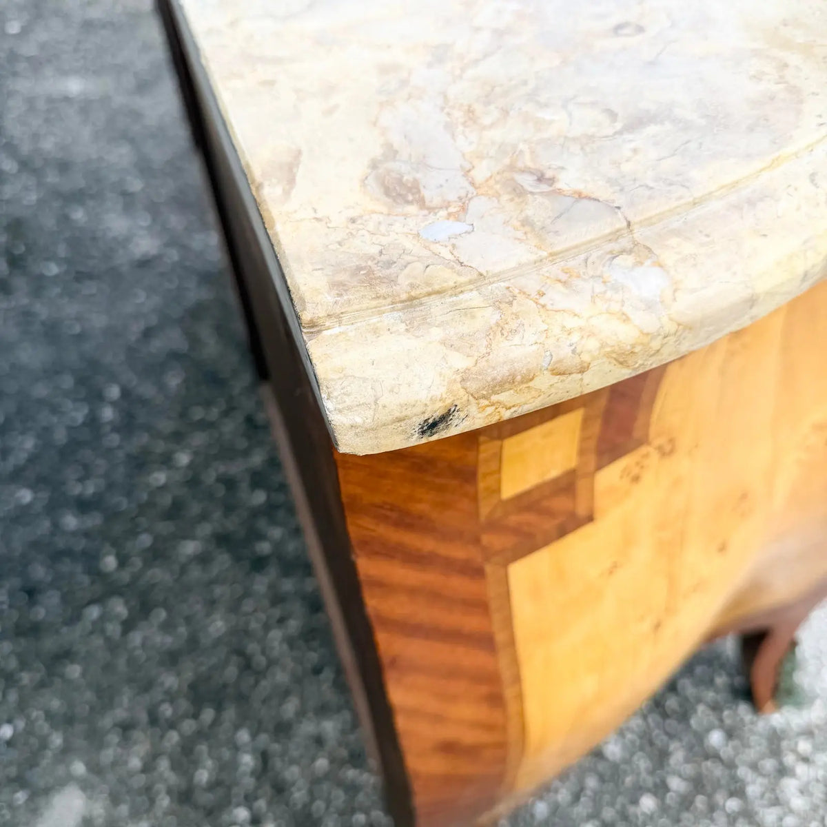 French Style Wood Inlaid Marble Top Bombe Sideboard Dolphin & Flamingo