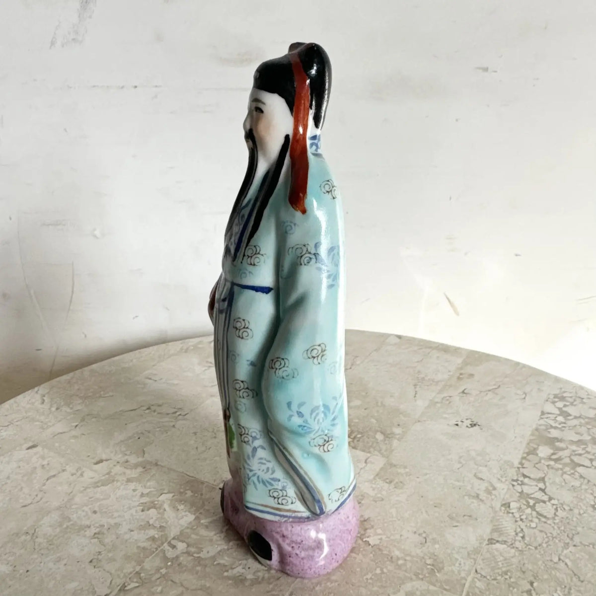 Hand Painted Chinese Ceramic Figurine of Shou Xing, God of Longevity - Dolphin & Flamingo