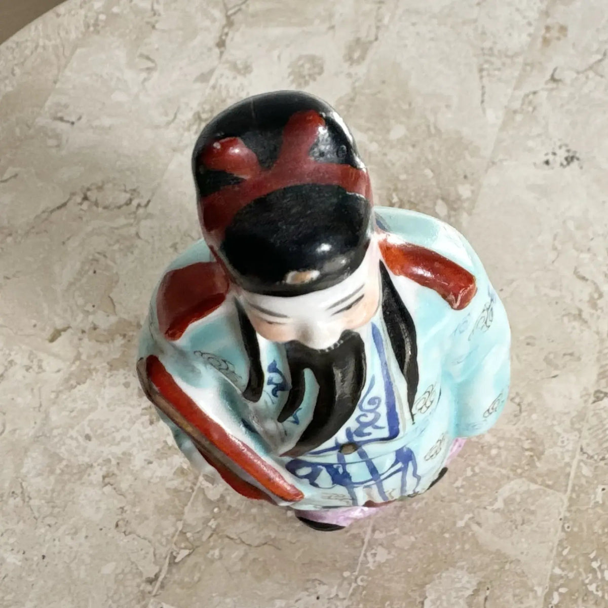 Hand Painted Chinese Ceramic Figurine of Shou Xing, God of Longevity - Dolphin & Flamingo