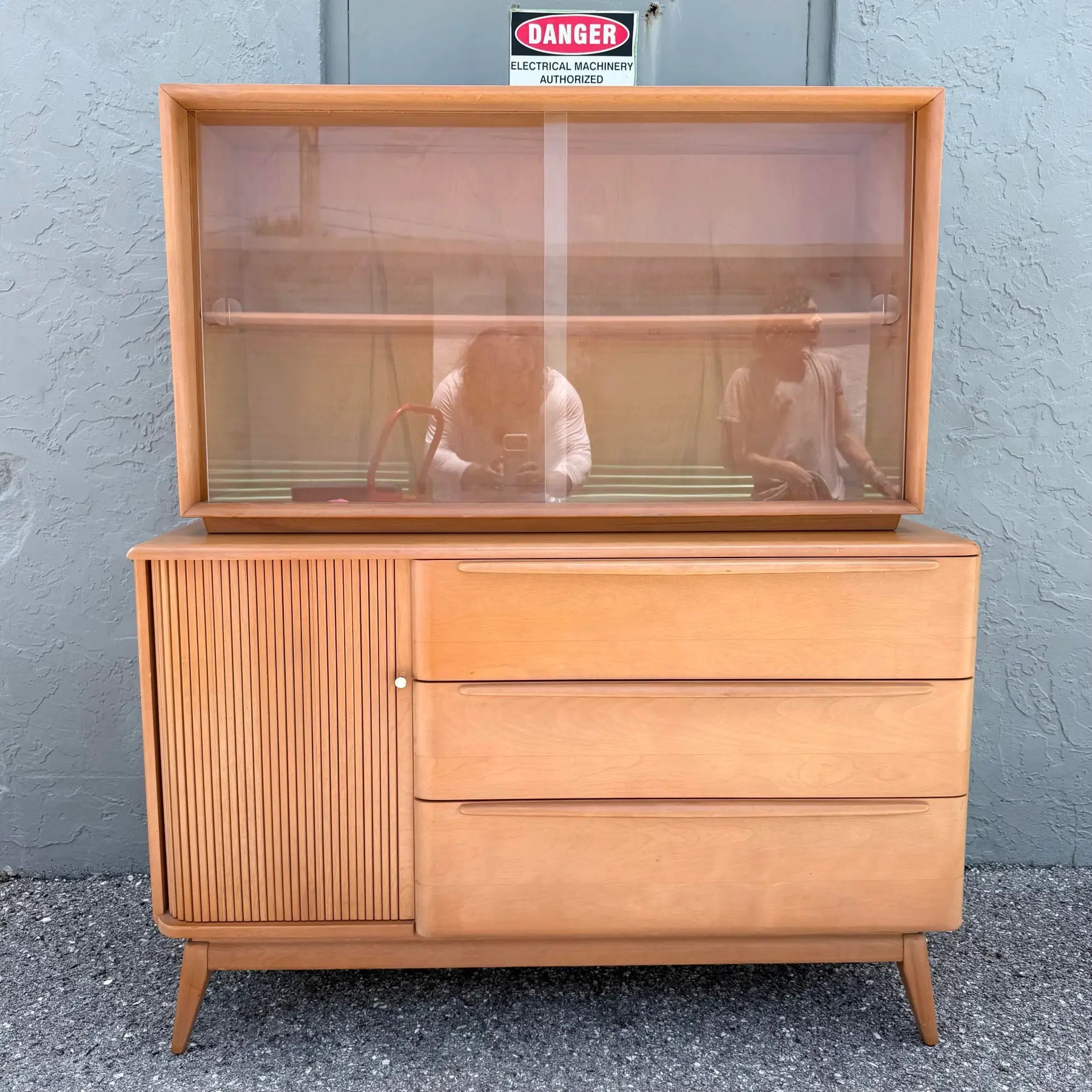 Heywood-Wakefield Mid-Century Maple Tambour Door Credenza and Hutch Dolphin & Flamingo