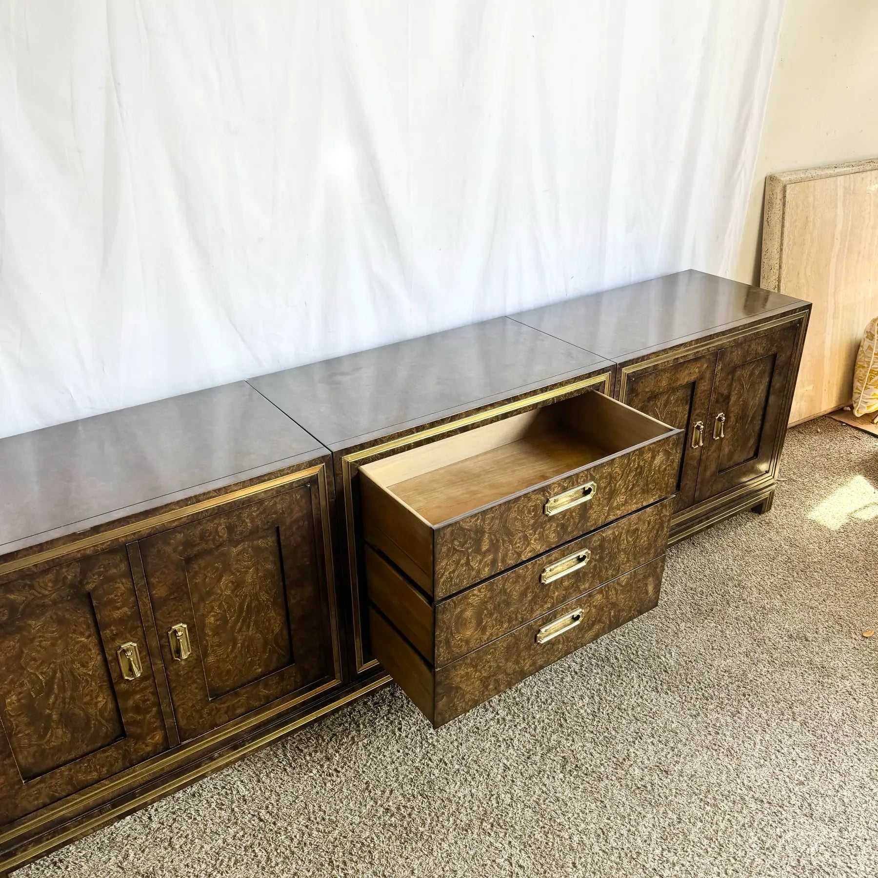 Hollywood Regency Burlwood and Brass Credenza by Mastercraft Dolphin & Flamingo