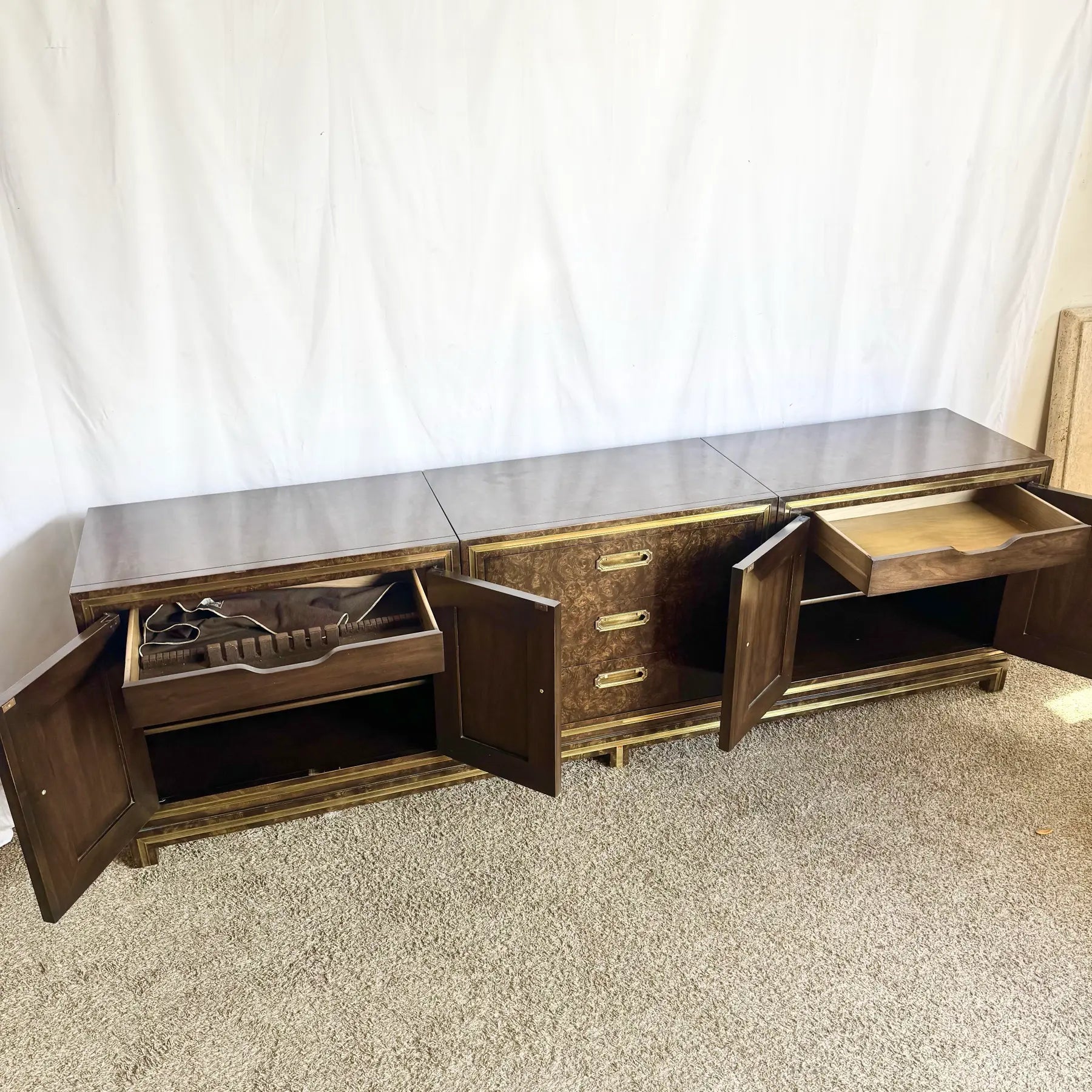 Hollywood Regency Burlwood and Brass Credenza by Mastercraft Dolphin & Flamingo
