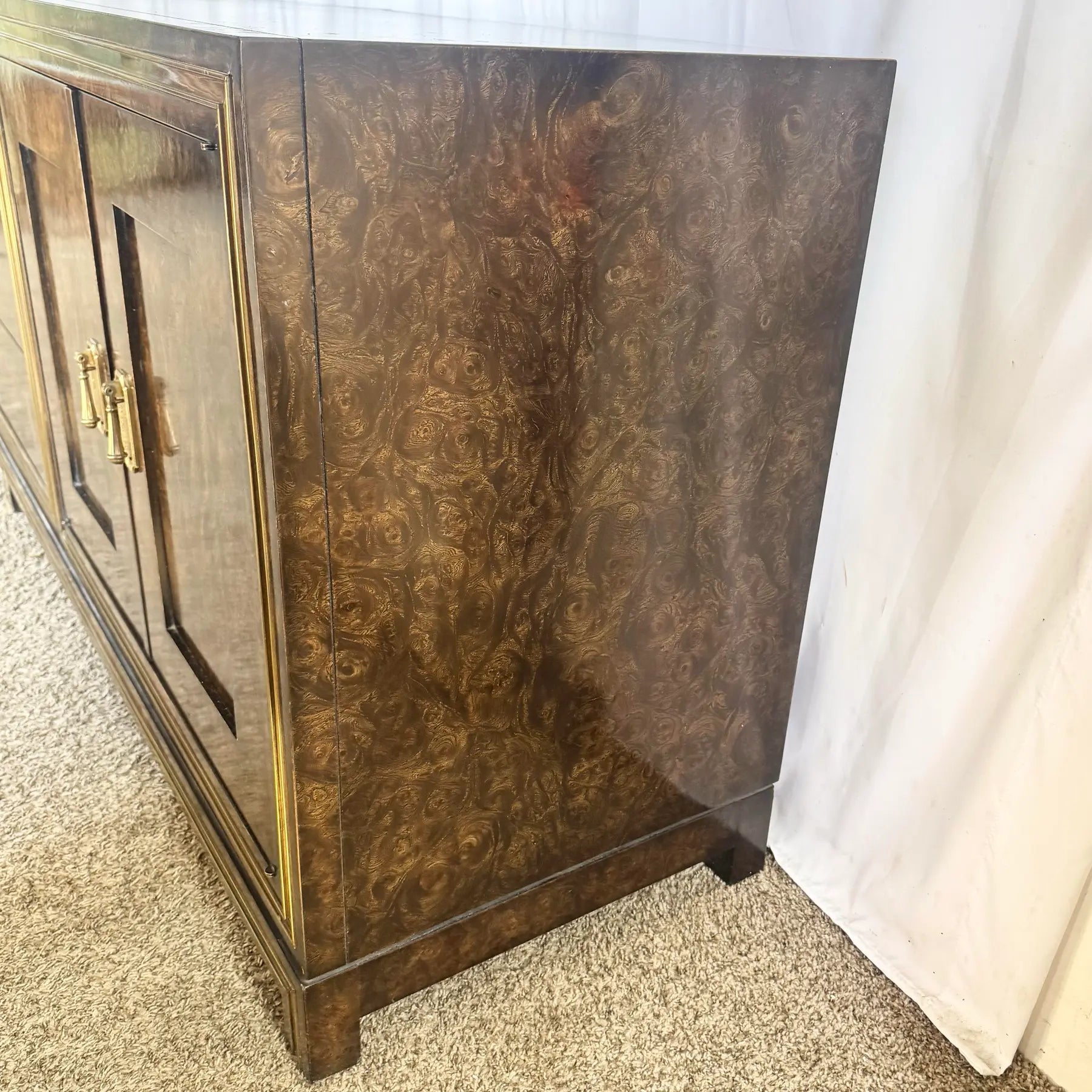 Hollywood Regency Burlwood and Brass Credenza by Mastercraft Dolphin & Flamingo