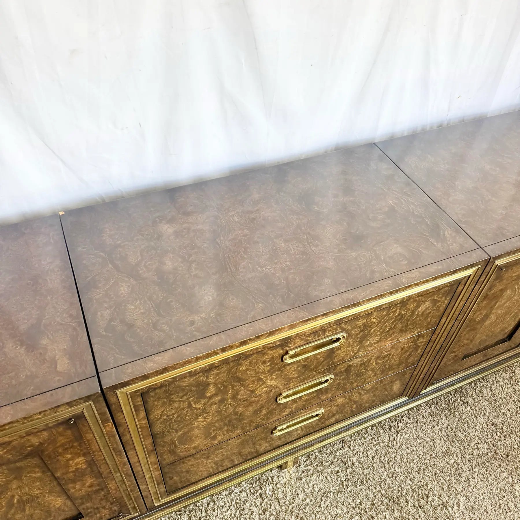 Hollywood Regency Burlwood and Brass Credenza by Mastercraft Dolphin & Flamingo