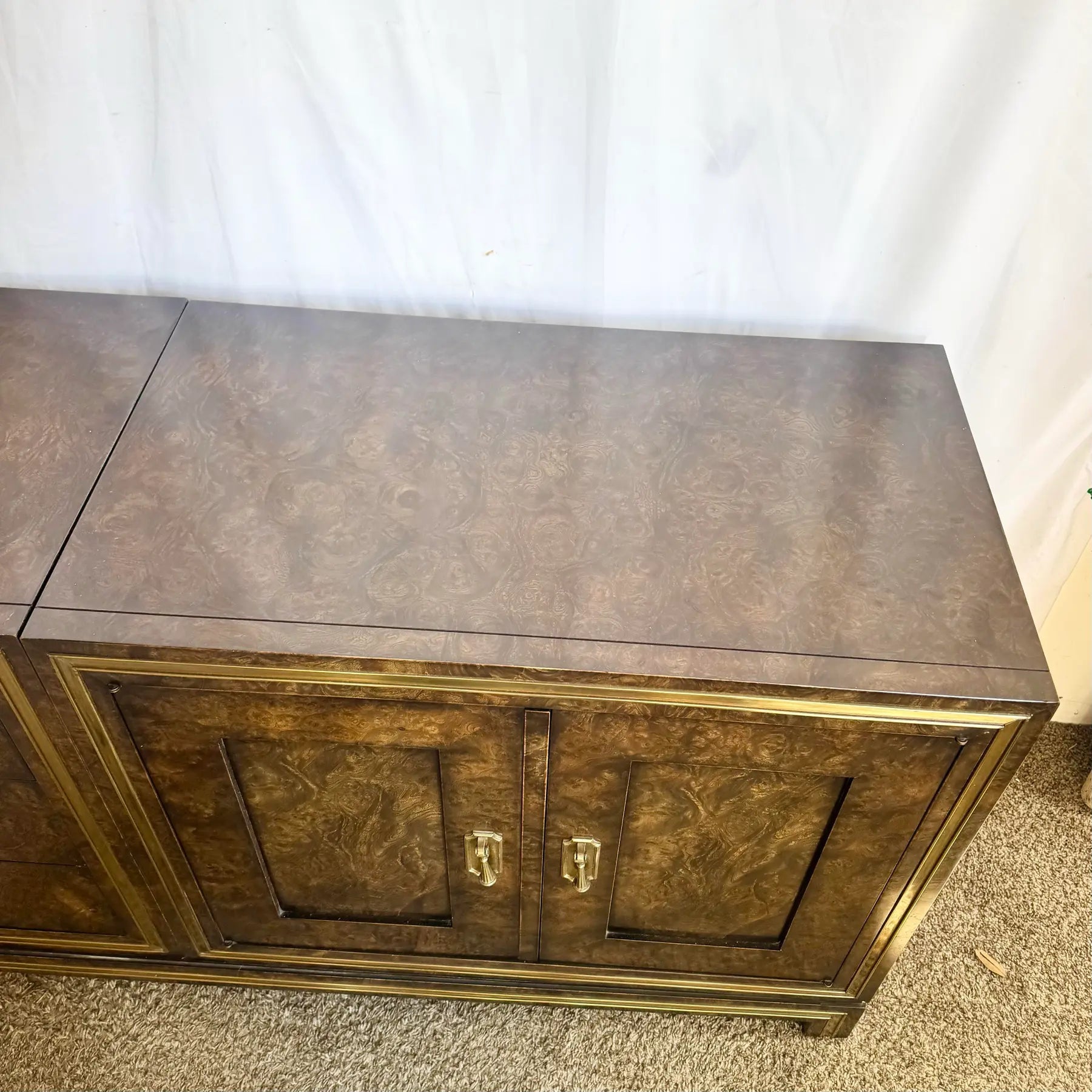 Hollywood Regency Burlwood and Brass Credenza by Mastercraft Dolphin & Flamingo