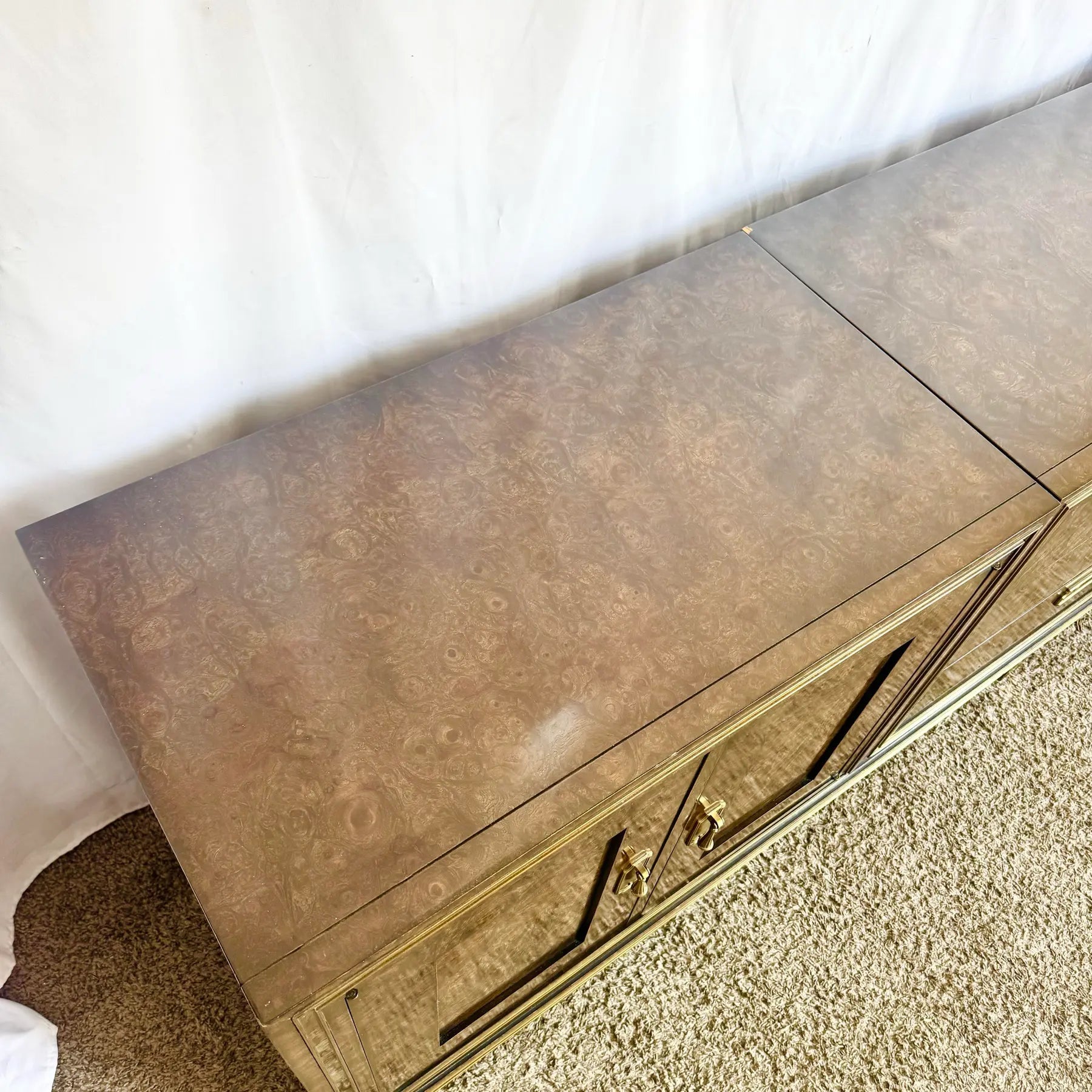 Hollywood Regency Burlwood and Brass Credenza by Mastercraft Dolphin & Flamingo