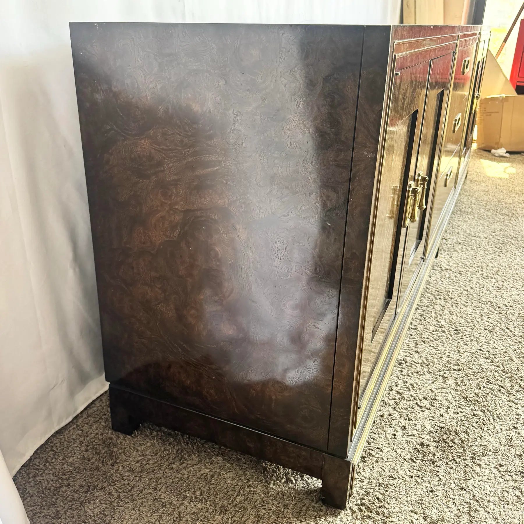 Hollywood Regency Burlwood and Brass Credenza by Mastercraft Dolphin & Flamingo