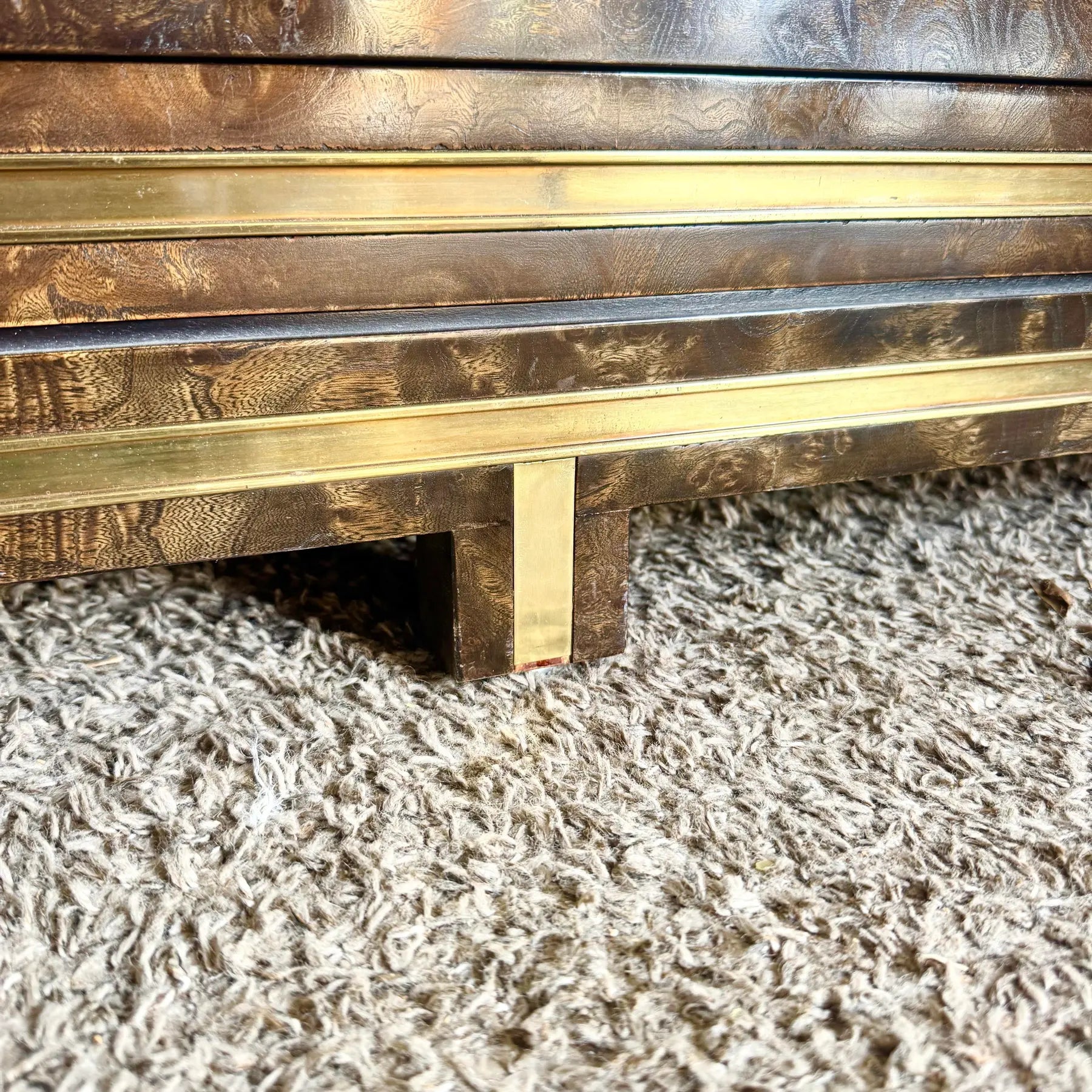 Hollywood Regency Burlwood and Brass Credenza by Mastercraft Dolphin & Flamingo