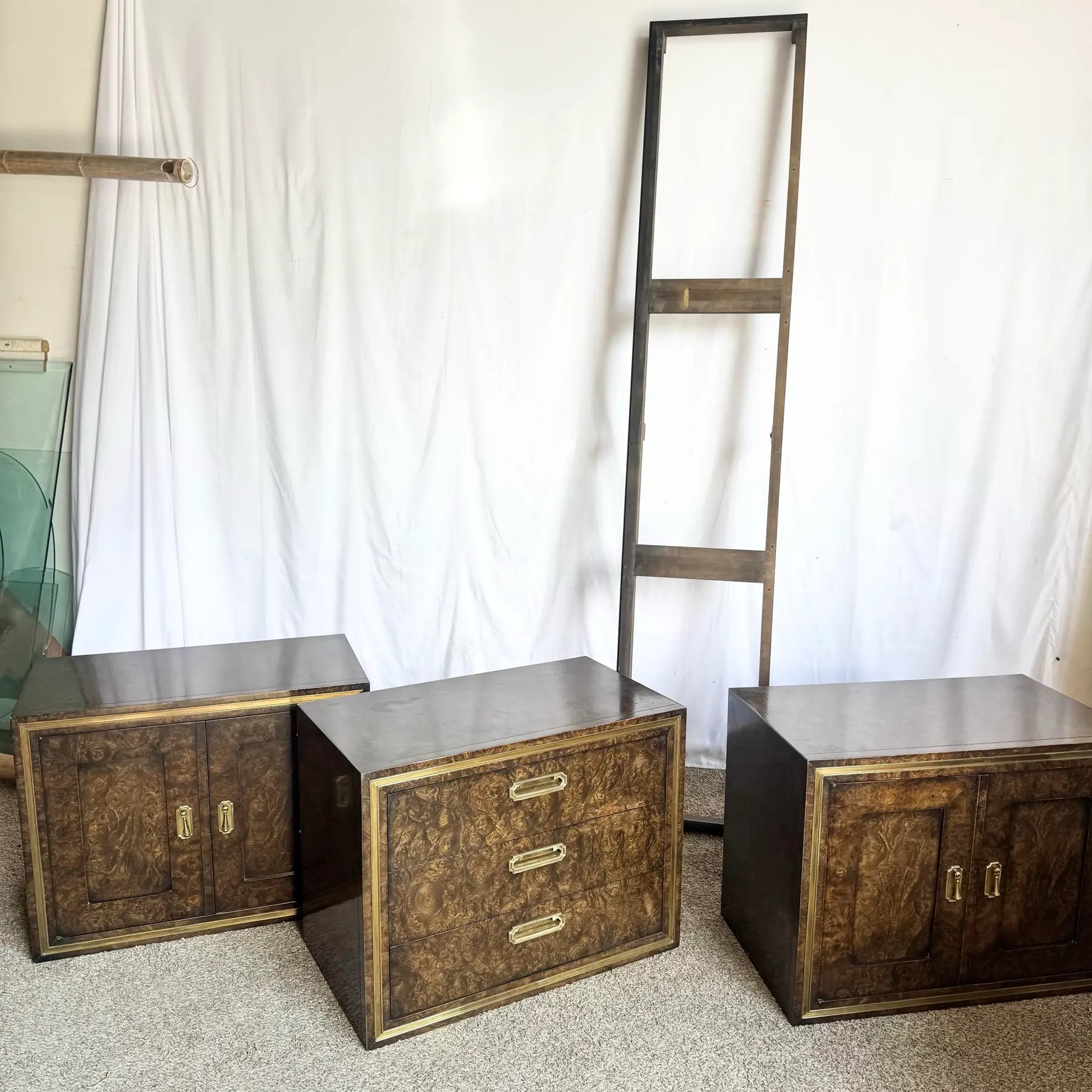 Hollywood Regency Burlwood and Brass Credenza by Mastercraft Dolphin & Flamingo