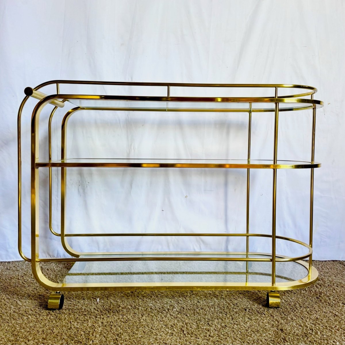 Hollywood Regency Gold 3 Tier Bar Cart on Casters - Dolphin & Flamingo