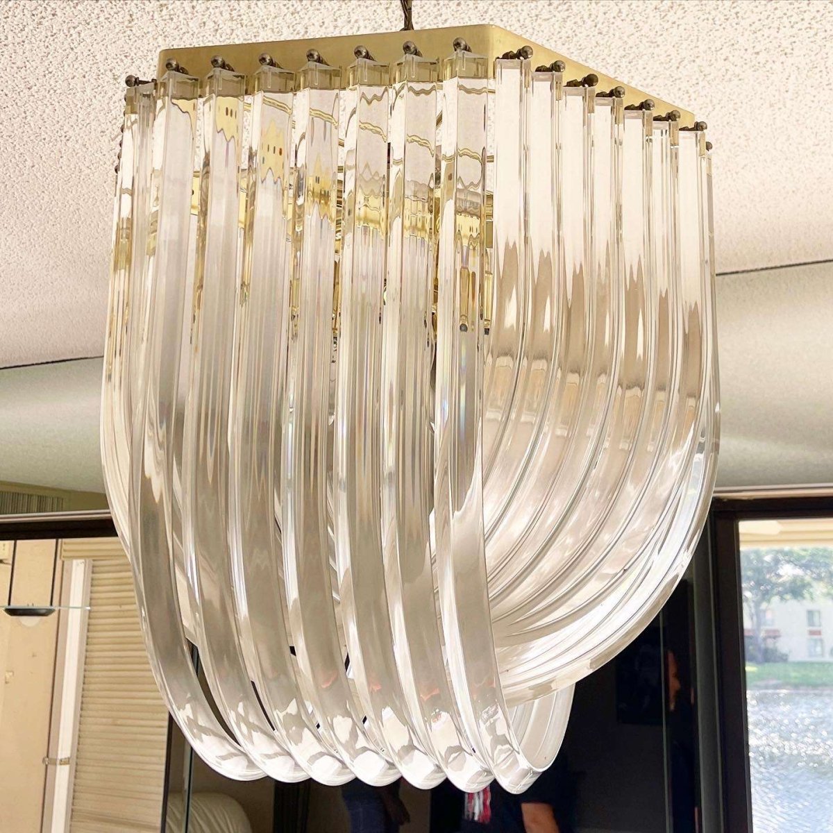 Hollywood Regency Gold Lucite Ribbon Loop Carlo Nason Style Lucite Chandelier - Dolphin & Flamingo