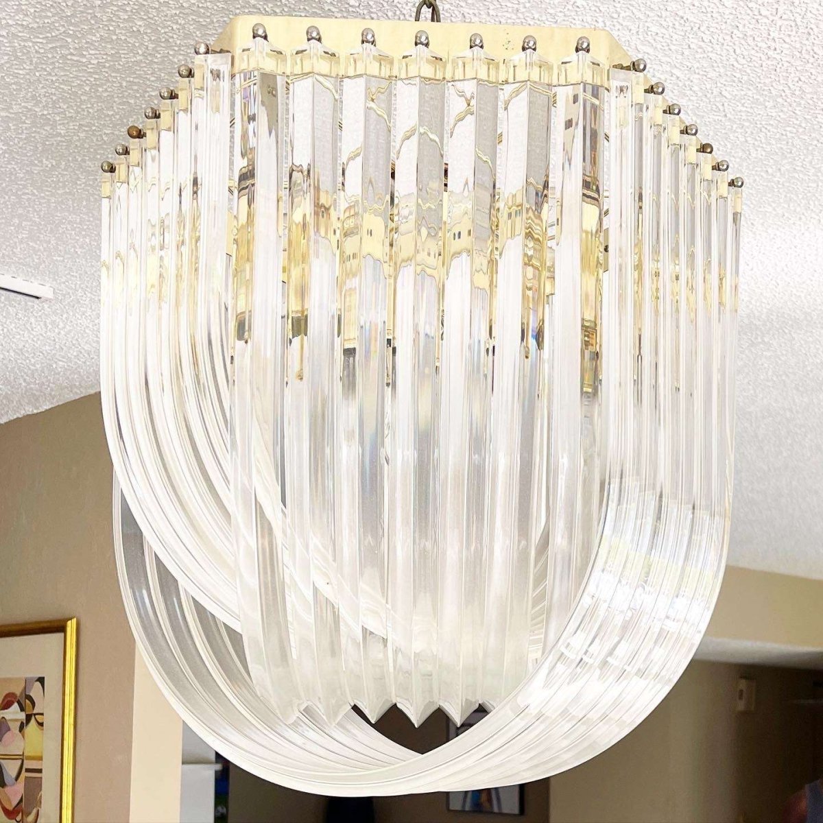 Hollywood Regency Gold Lucite Ribbon Loop Carlo Nason Style Lucite Chandelier - Dolphin & Flamingo