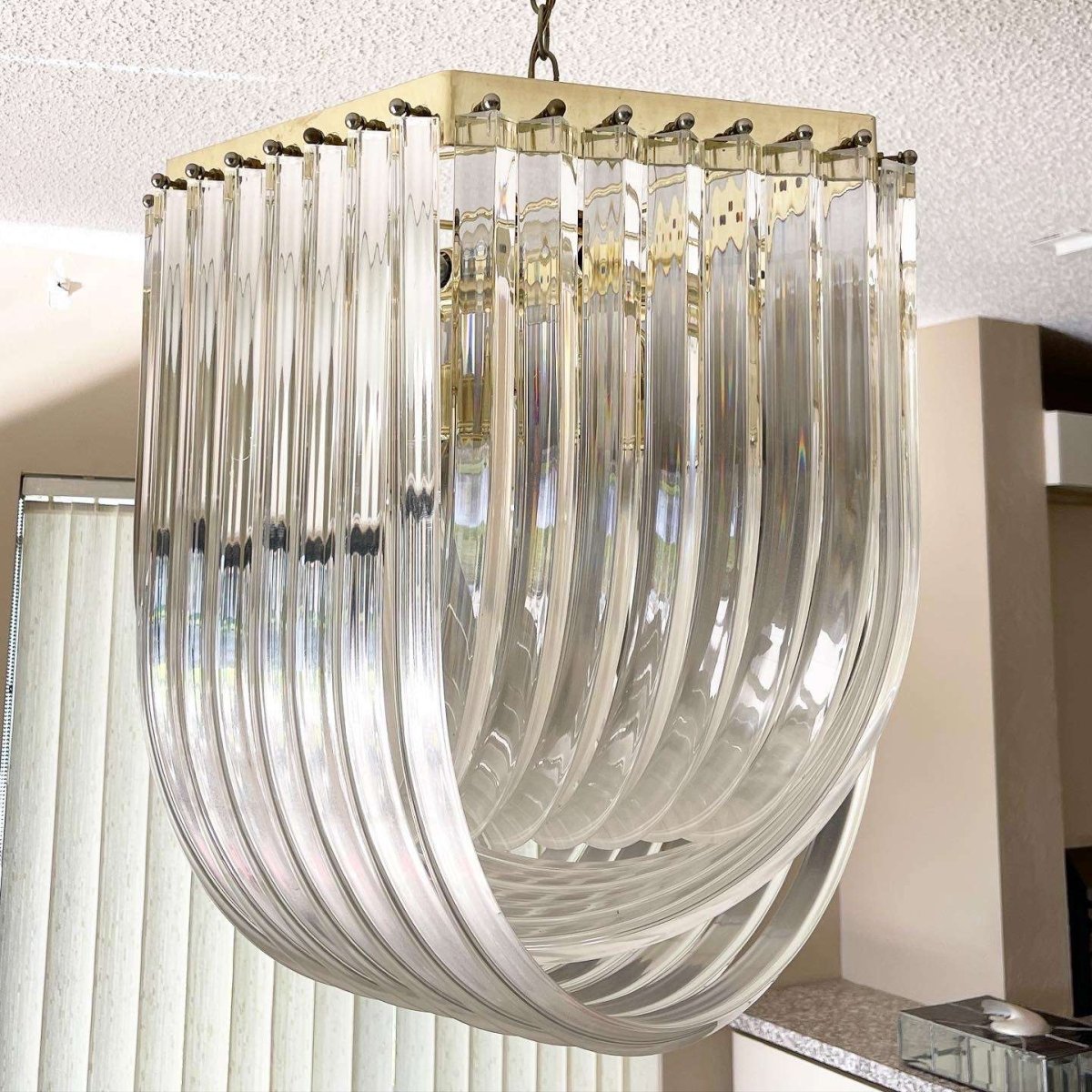 Hollywood Regency Gold Lucite Ribbon Loop Carlo Nason Style Lucite Chandelier - Dolphin & Flamingo