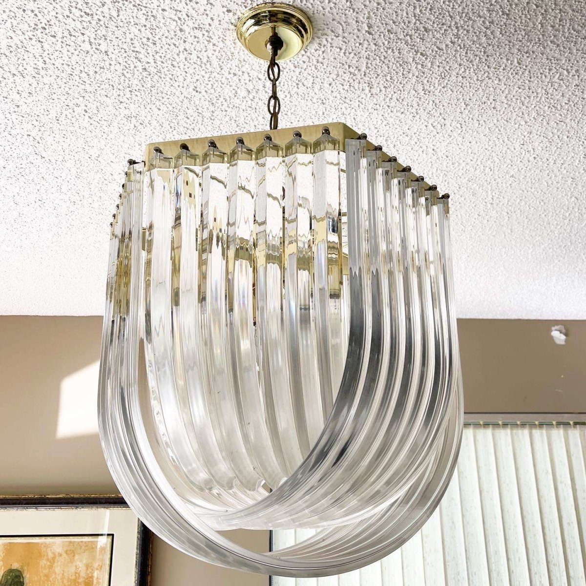 Hollywood Regency Gold Lucite Ribbon Loop Carlo Nason Style Lucite Chandelier - Dolphin & Flamingo