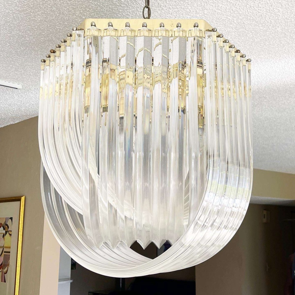 Hollywood Regency Gold Lucite Ribbon Loop Carlo Nason Style Lucite Chandelier - Dolphin & Flamingo