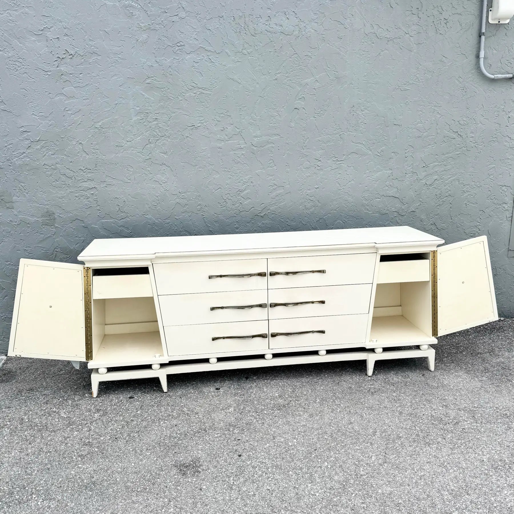 Hollywood Regency White and Gold Credenza by American of Martinsville Dolphin & Flamingo