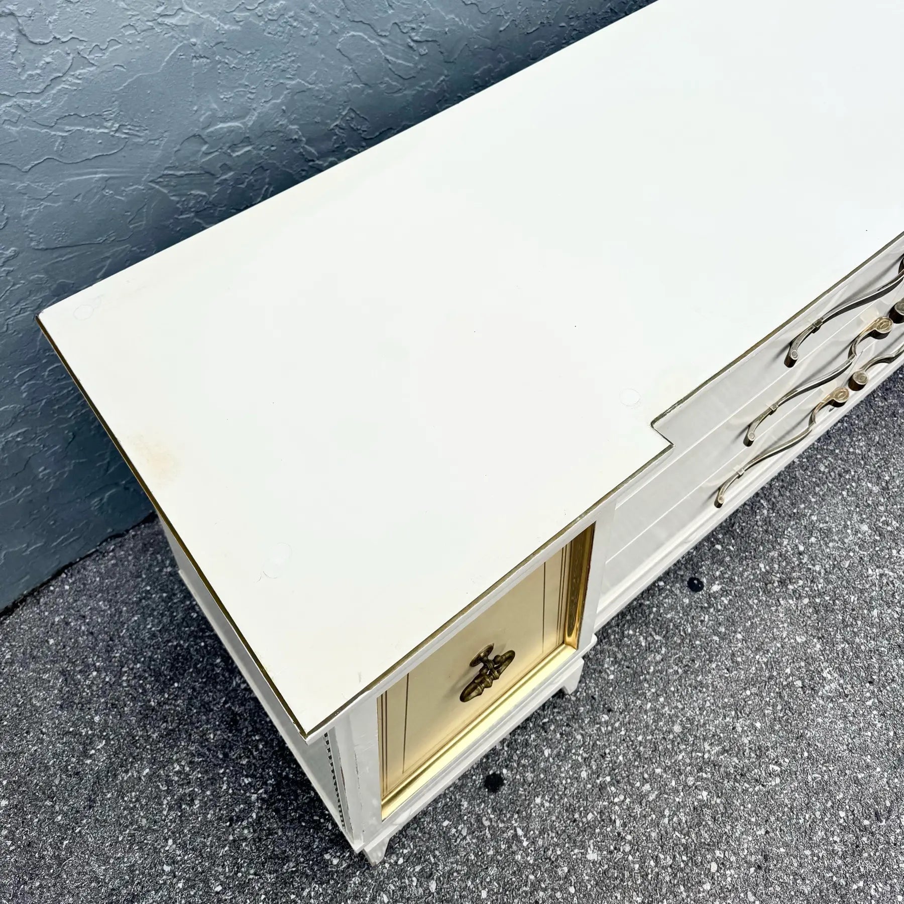 Hollywood Regency White and Gold Credenza by American of Martinsville Dolphin & Flamingo