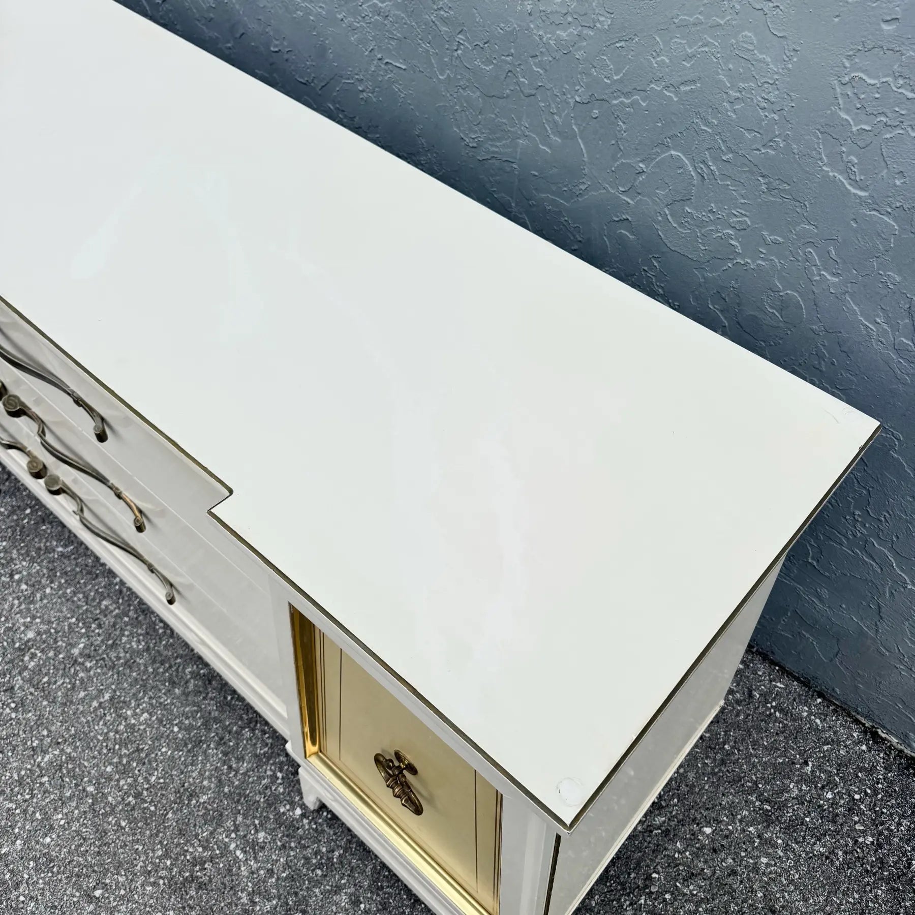 Hollywood Regency White and Gold Credenza by American of Martinsville Dolphin & Flamingo