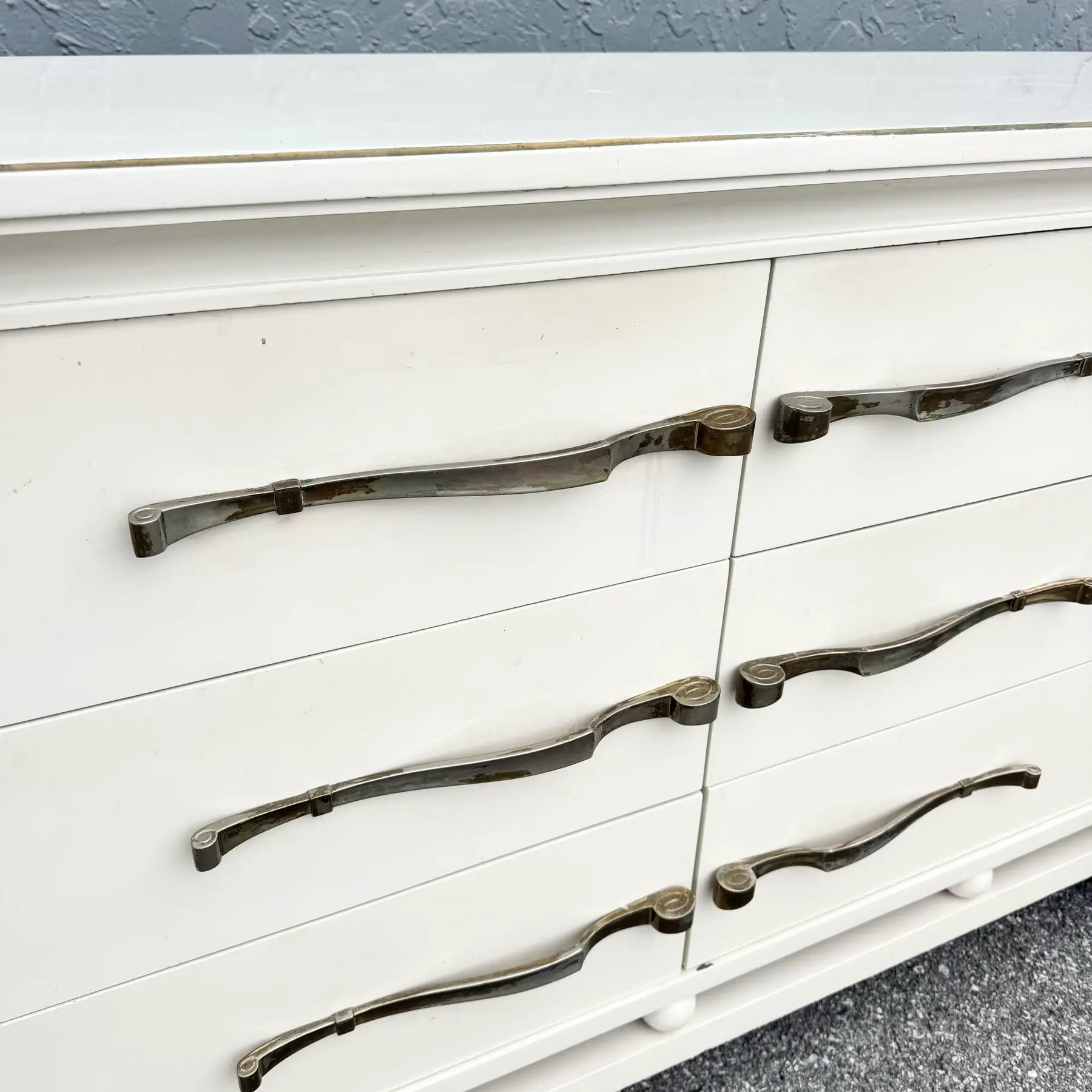 Hollywood Regency White and Gold Credenza by American of Martinsville Dolphin & Flamingo