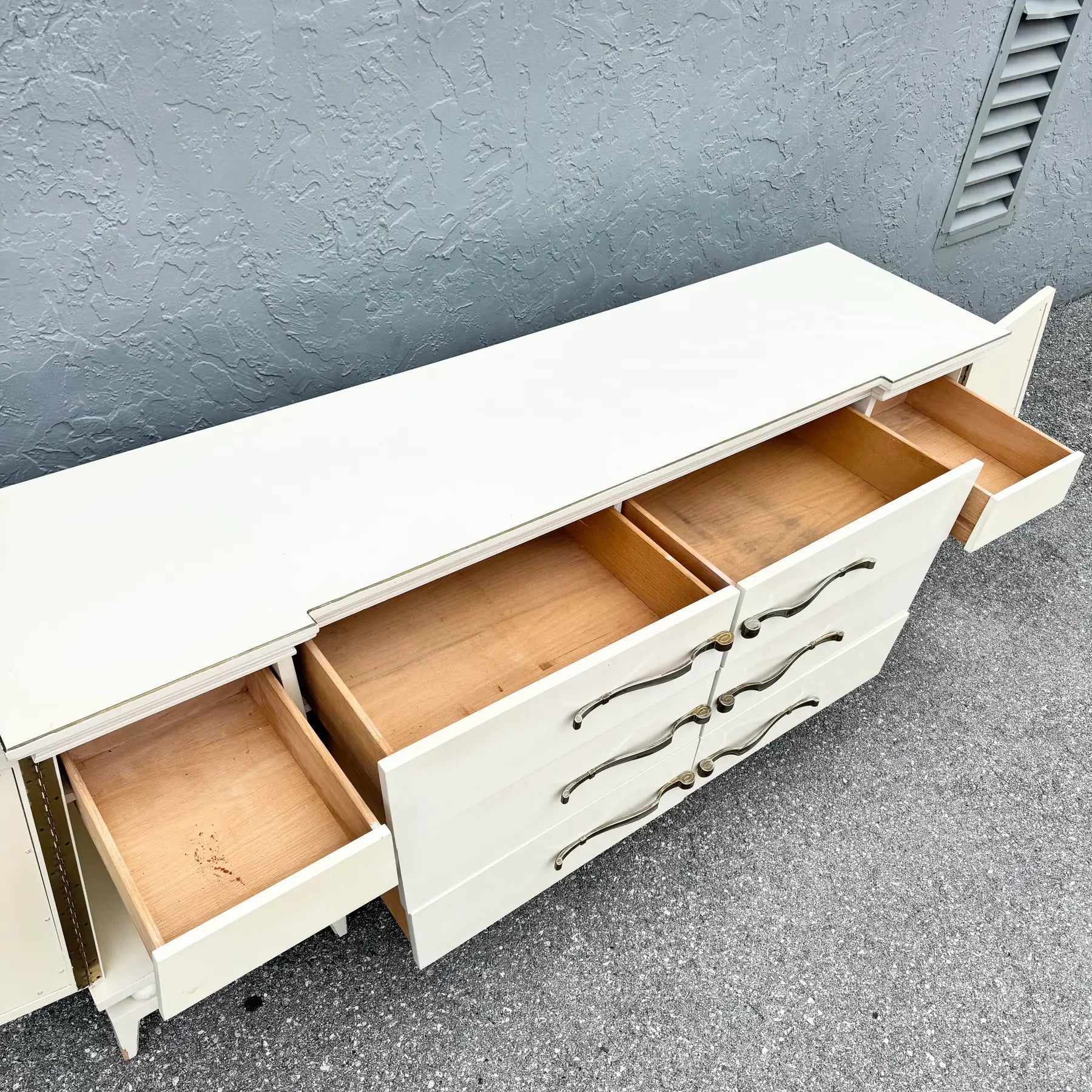 Hollywood Regency White and Gold Credenza by American of Martinsville Dolphin & Flamingo