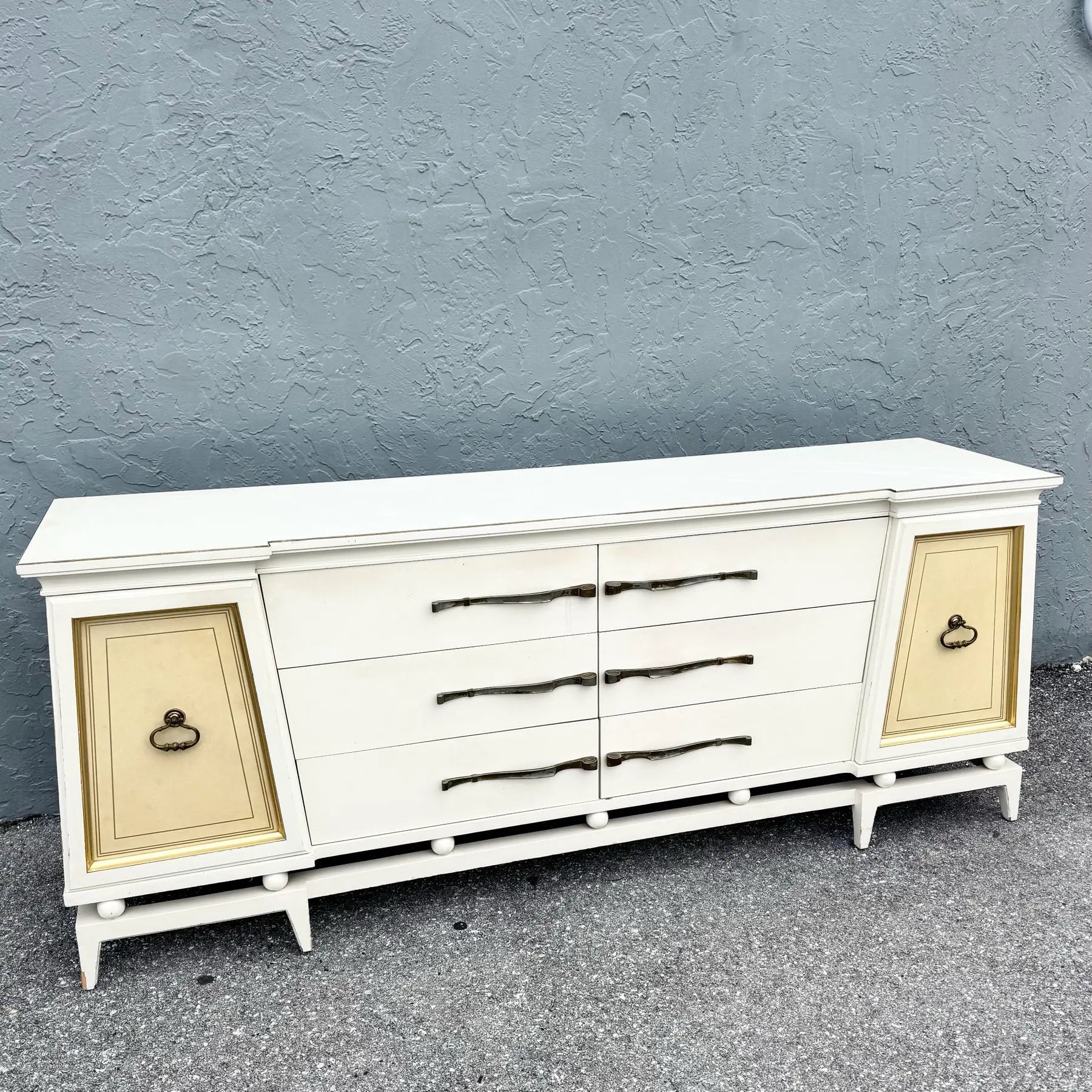 Hollywood Regency White and Gold Credenza by American of Martinsville Dolphin & Flamingo