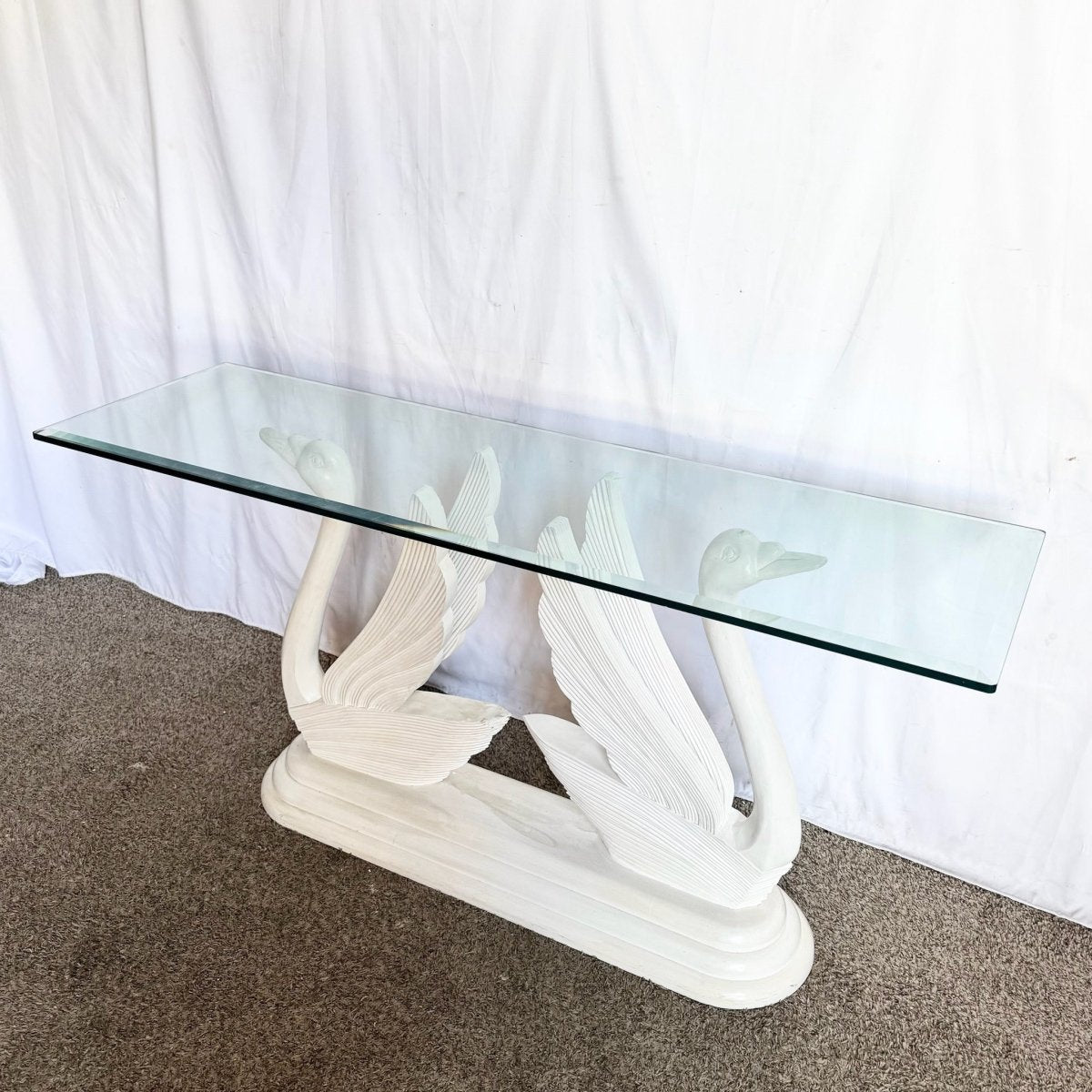 Hollywood Regency Wooden Swan Glass Top Console Table - Dolphin & Flamingo