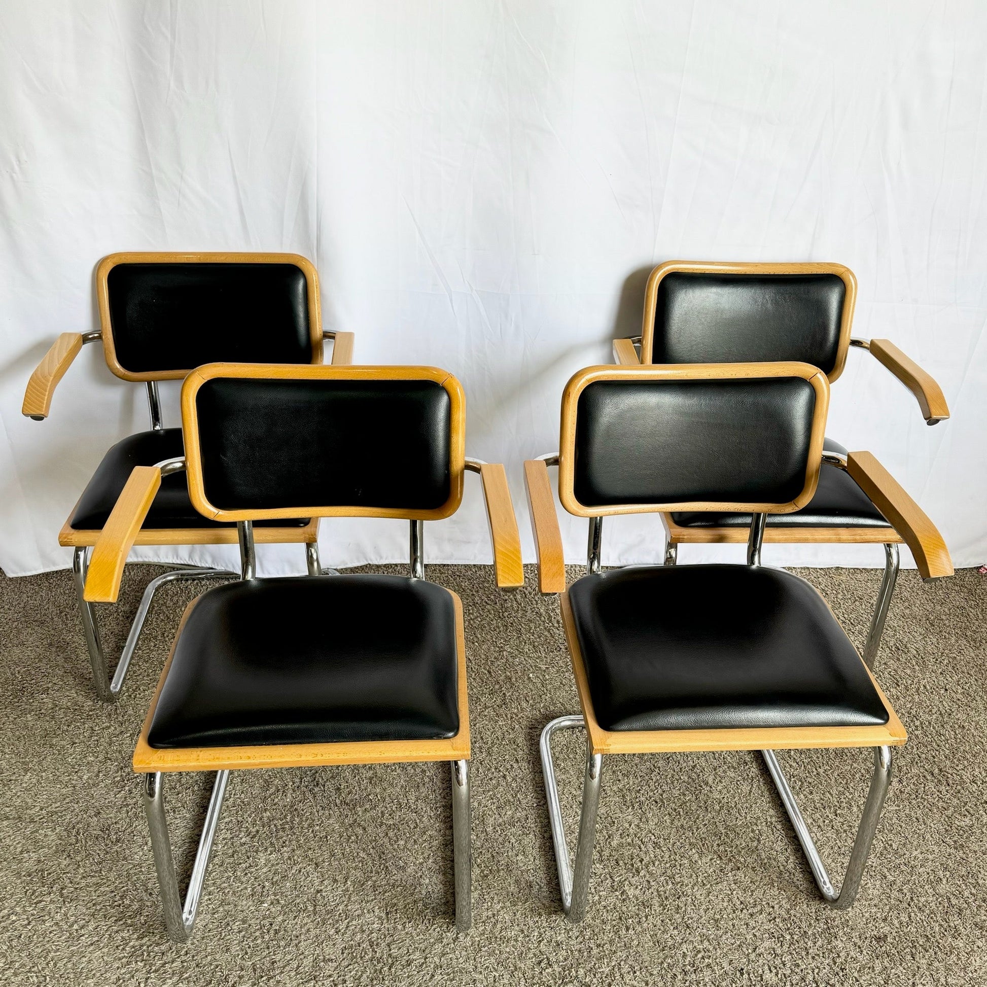 Italian Mid Century Modern Black Vinyl and Chrome Cantilever Chairs - Set of 4 - Dolphin & Flamingo