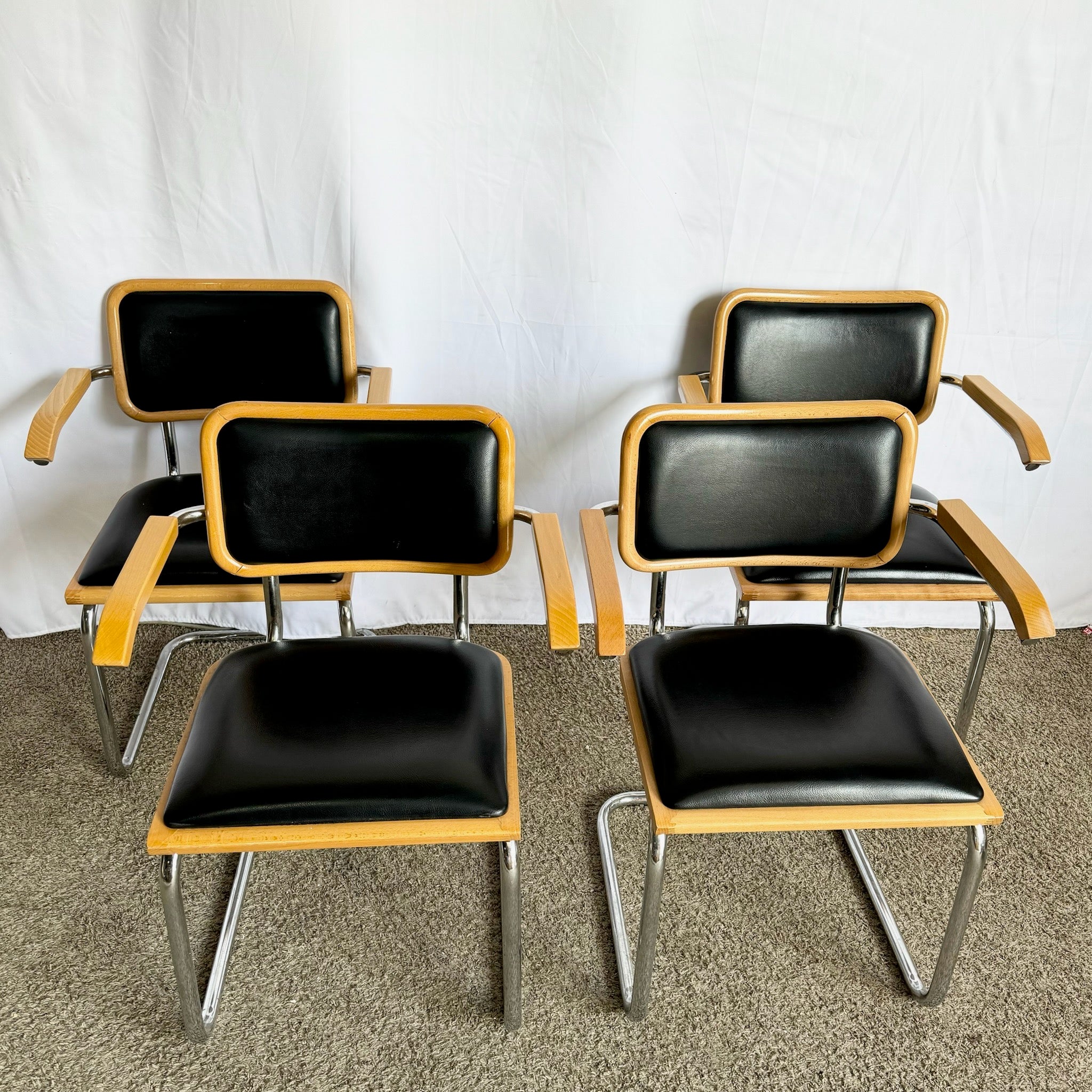 Italian Mid Century Modern Black Vinyl and Chrome Cantilever Chairs - Set of 4 - Dolphin & Flamingo
