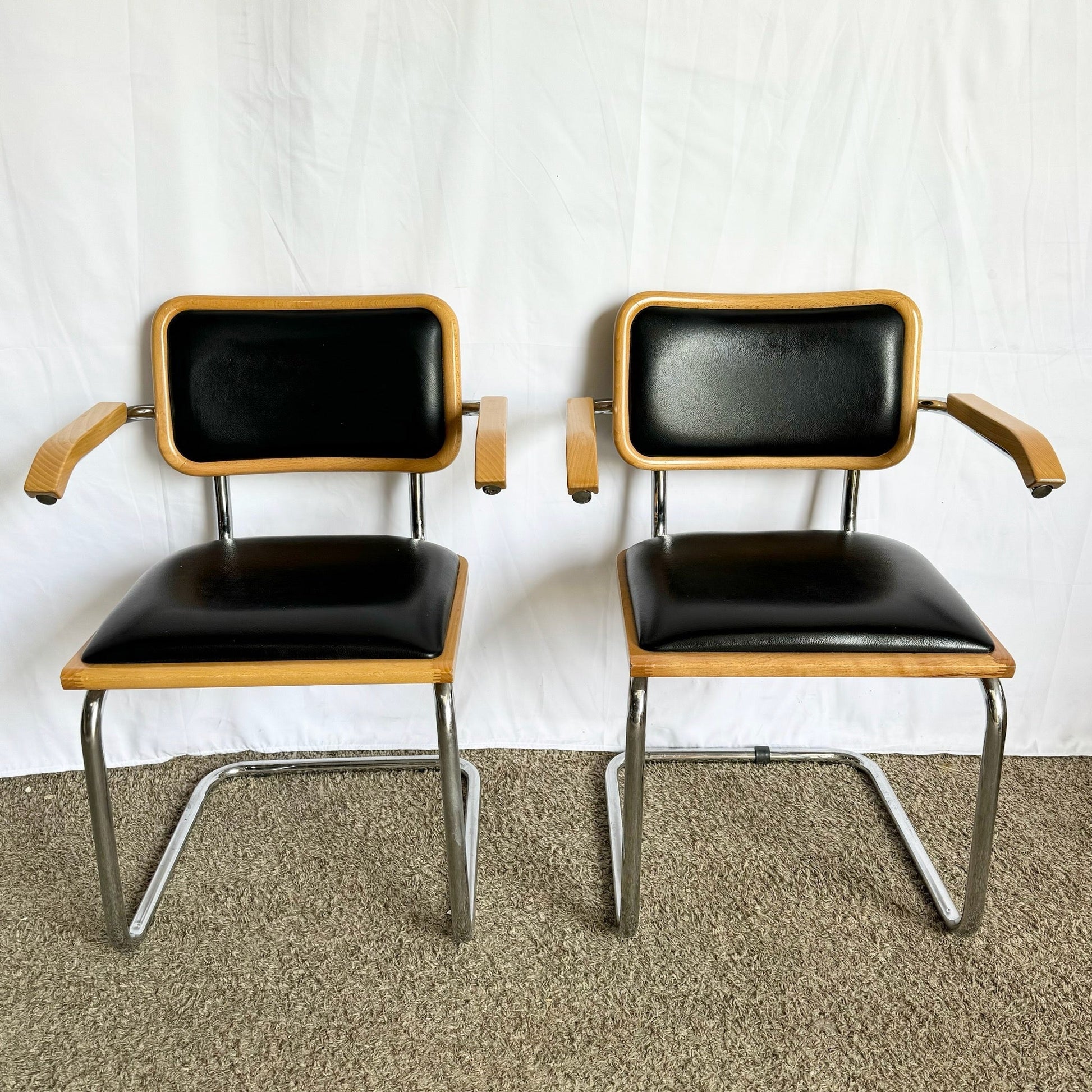 Italian Mid Century Modern Black Vinyl and Chrome Cantilever Chairs - Set of 4 - Dolphin & Flamingo