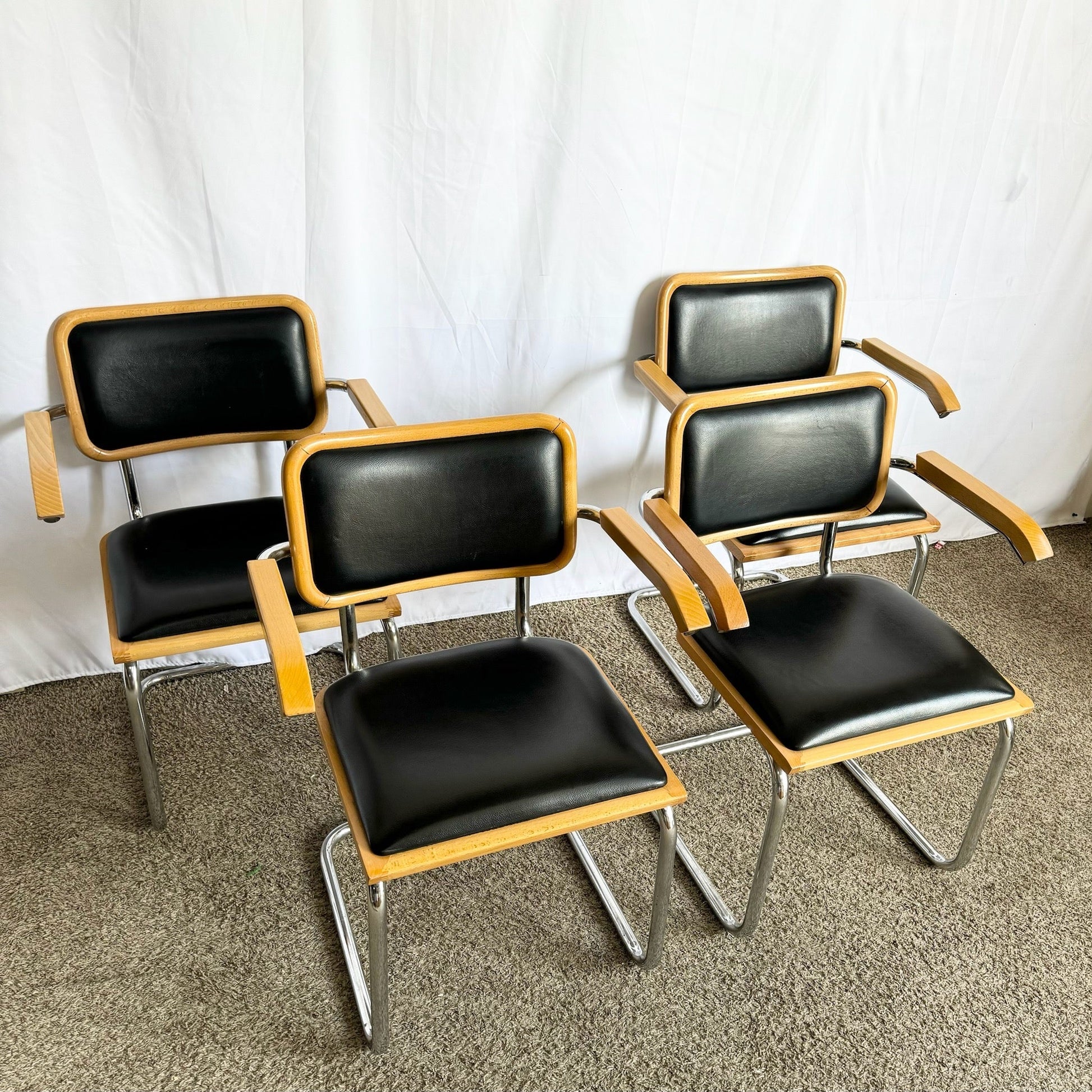 Italian Mid Century Modern Black Vinyl and Chrome Cantilever Chairs - Set of 4 - Dolphin & Flamingo
