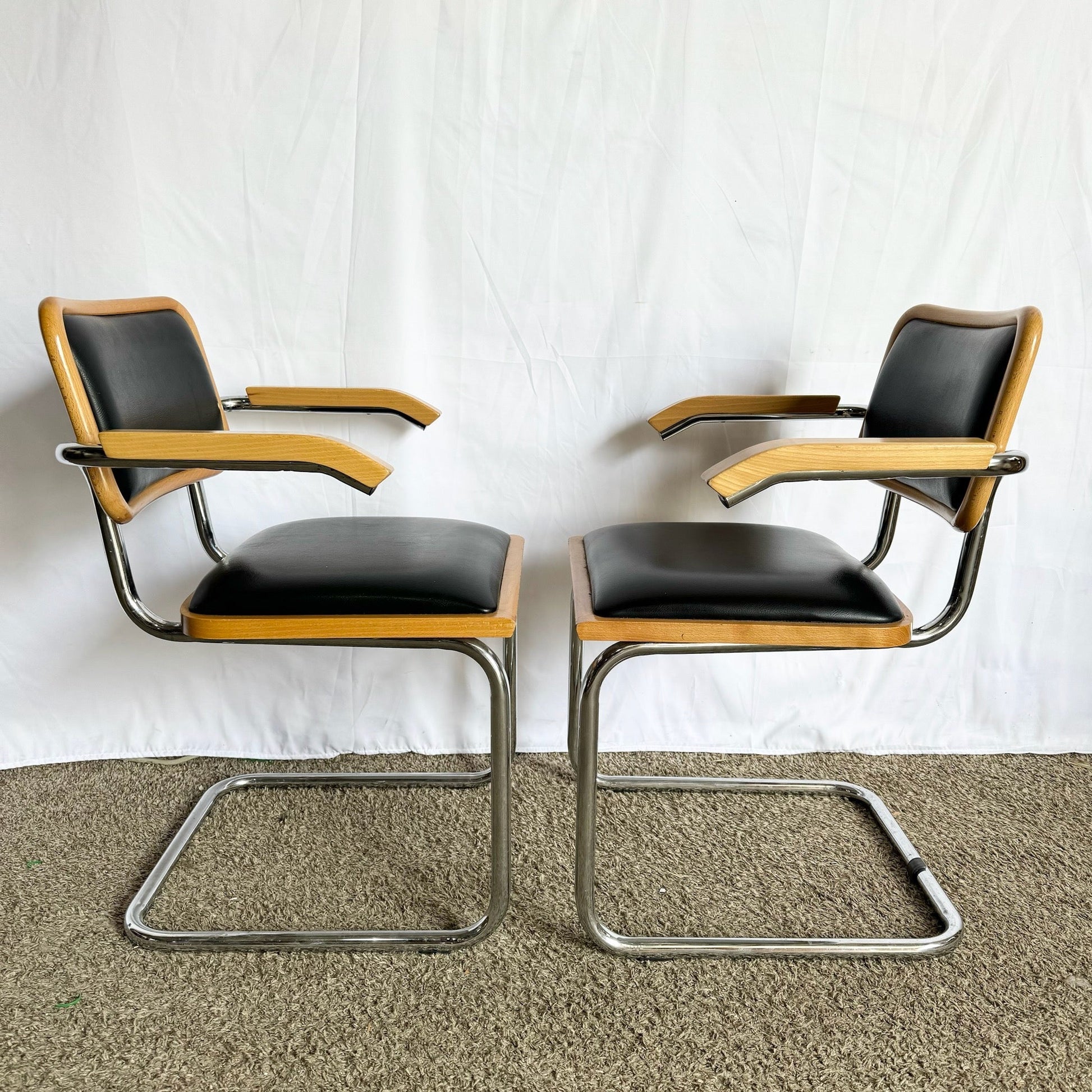 Italian Mid Century Modern Black Vinyl and Chrome Cantilever Chairs - Set of 4 - Dolphin & Flamingo