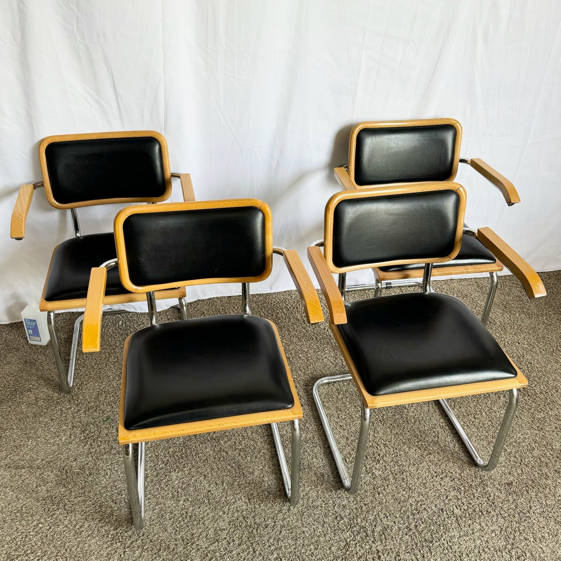 Italian Mid Century Modern Black Vinyl and Chrome Cantilever Chairs - Set of 4 - Dolphin & Flamingo