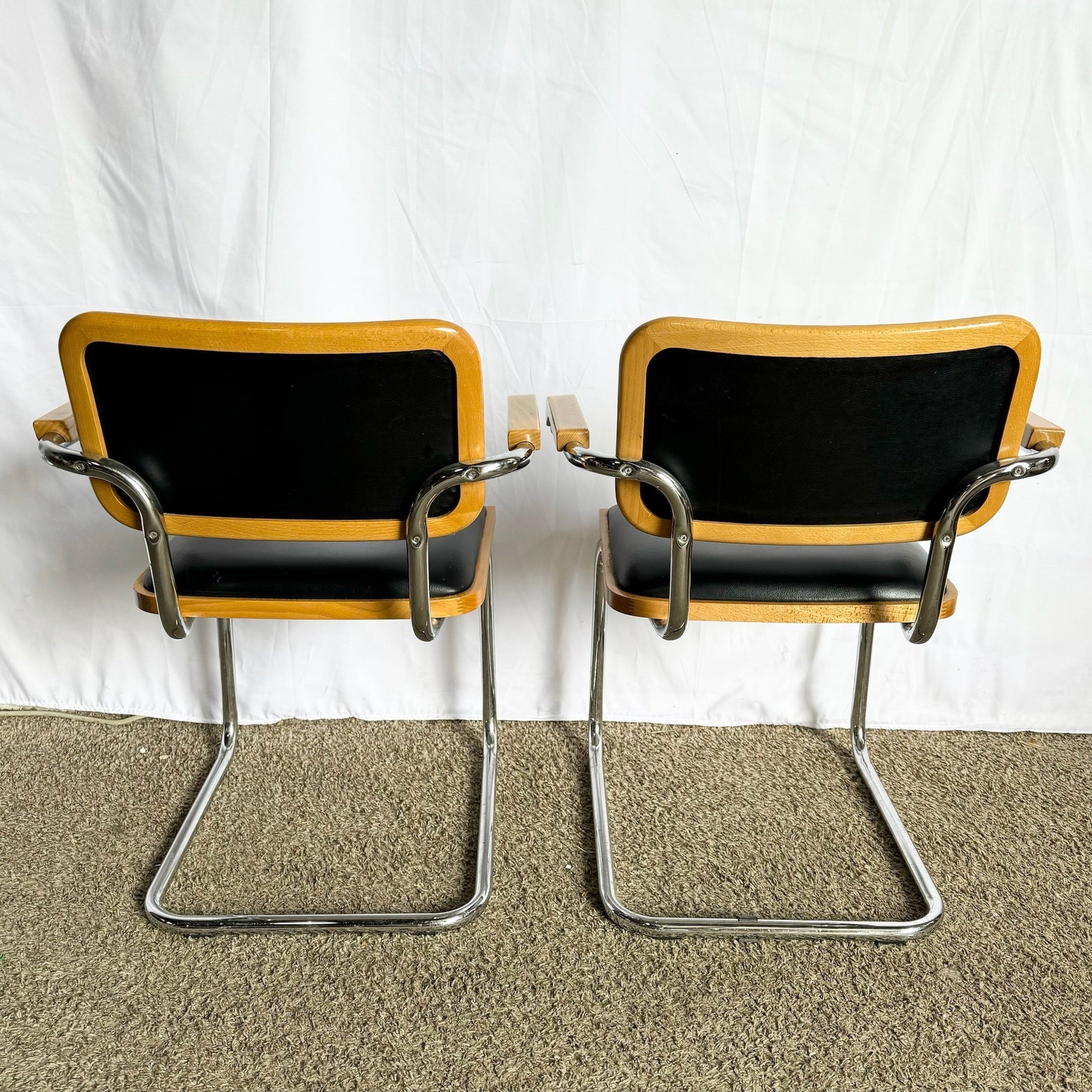 Italian Mid Century Modern Black Vinyl and Chrome Cantilever Chairs - Set of 4 - Dolphin & Flamingo