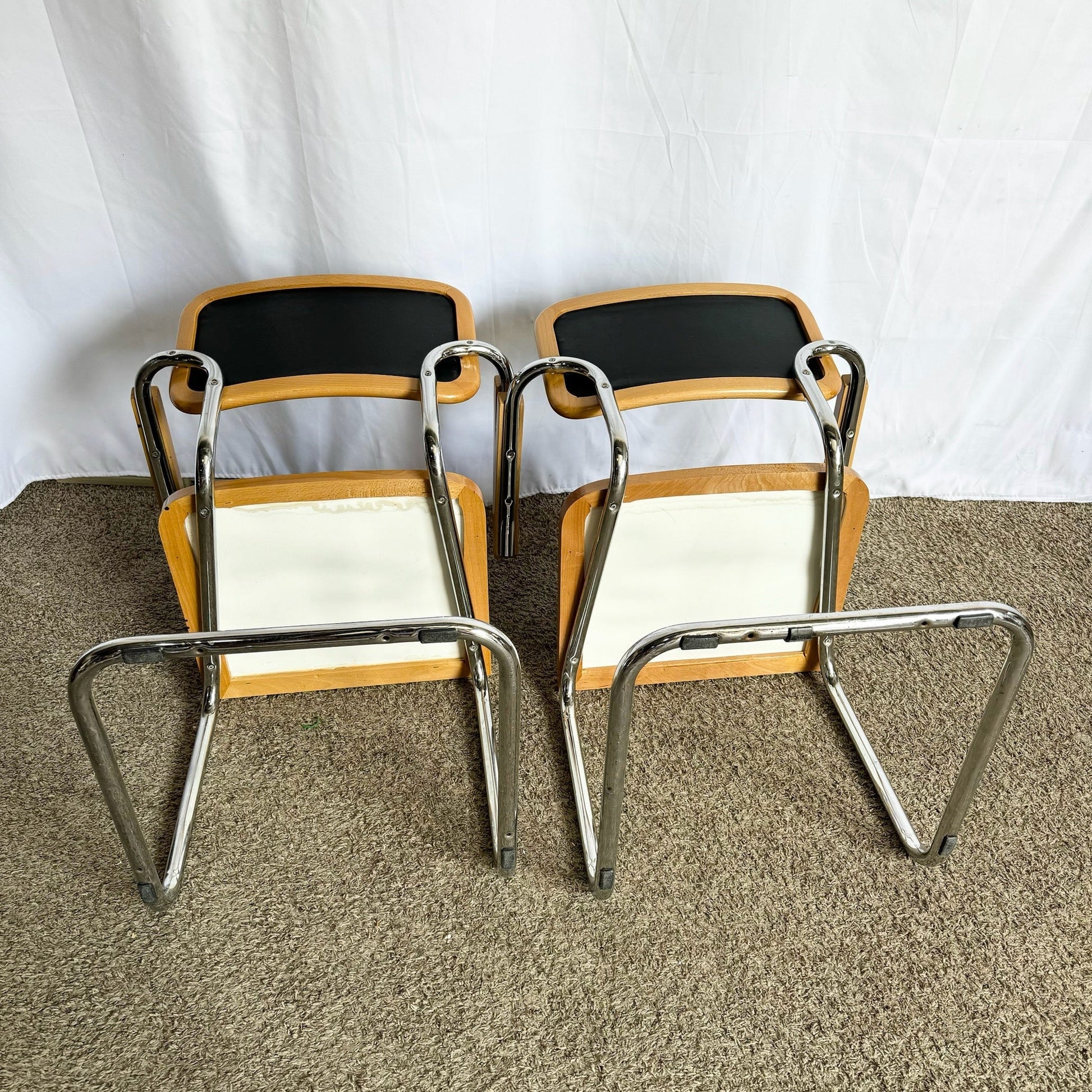 Italian Mid Century Modern Black Vinyl and Chrome Cantilever Chairs - Set of 4 - Dolphin & Flamingo