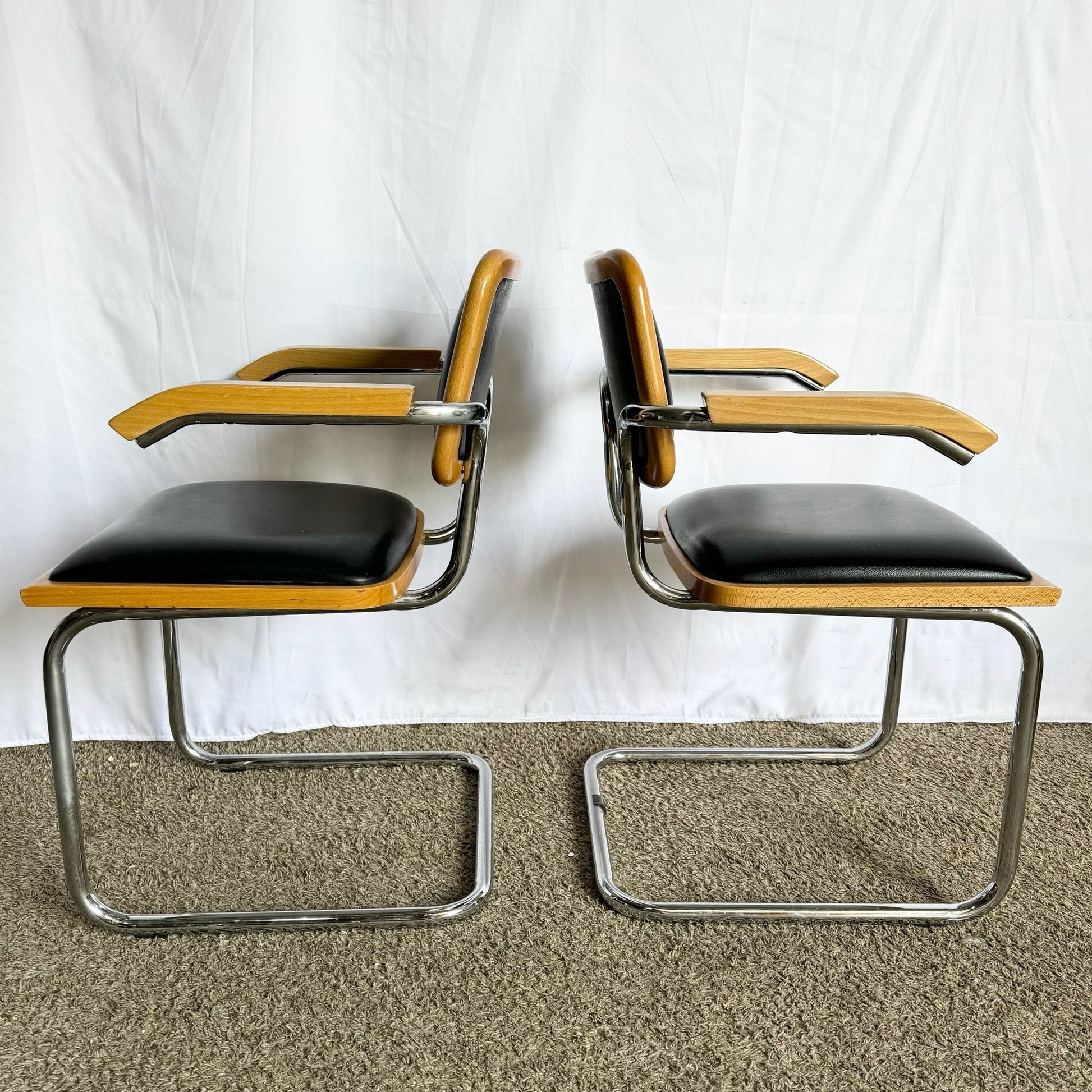Italian Mid Century Modern Black Vinyl and Chrome Cantilever Chairs - Set of 4 - Dolphin & Flamingo
