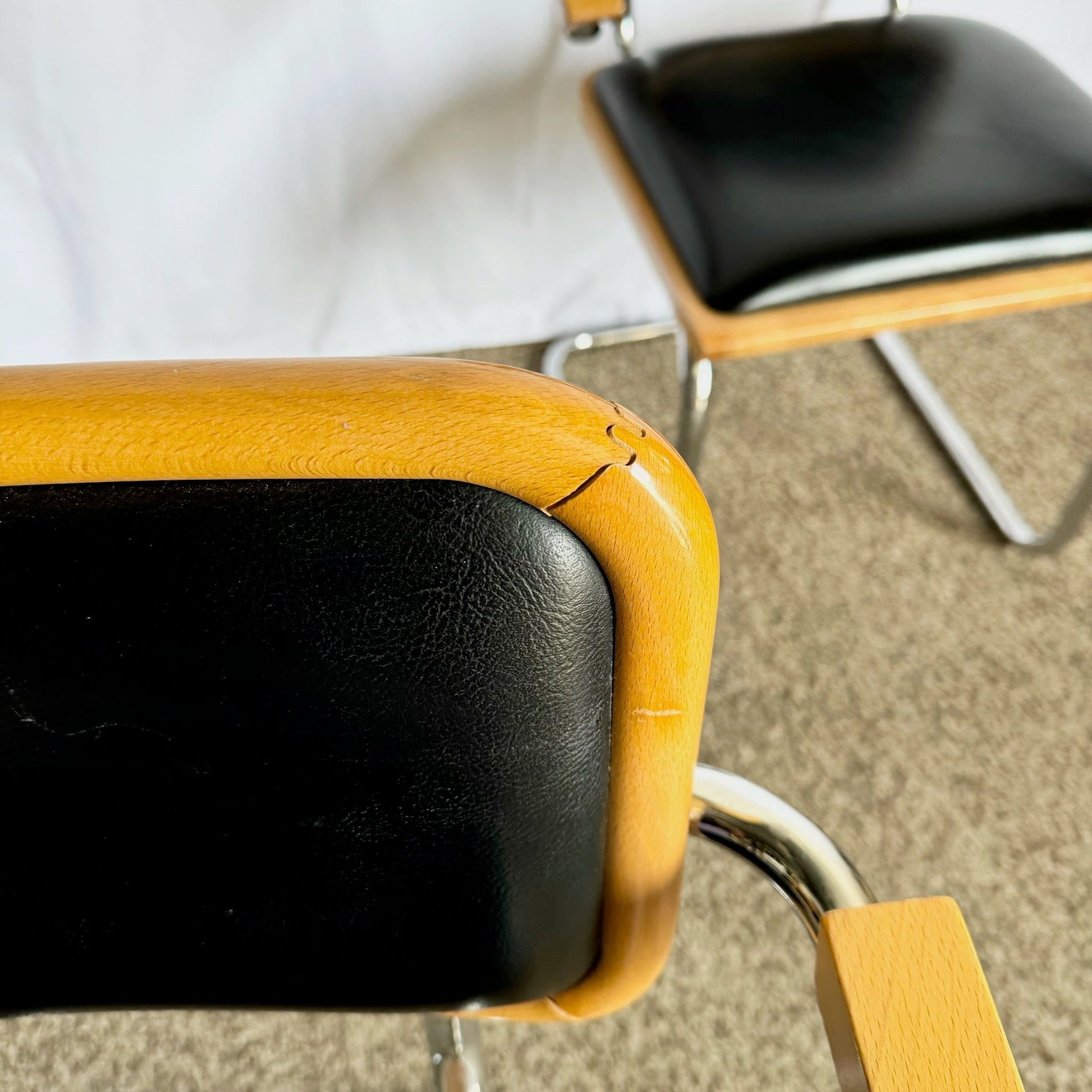 Italian Mid Century Modern Black Vinyl and Chrome Cantilever Chairs - Set of 4 - Dolphin & Flamingo