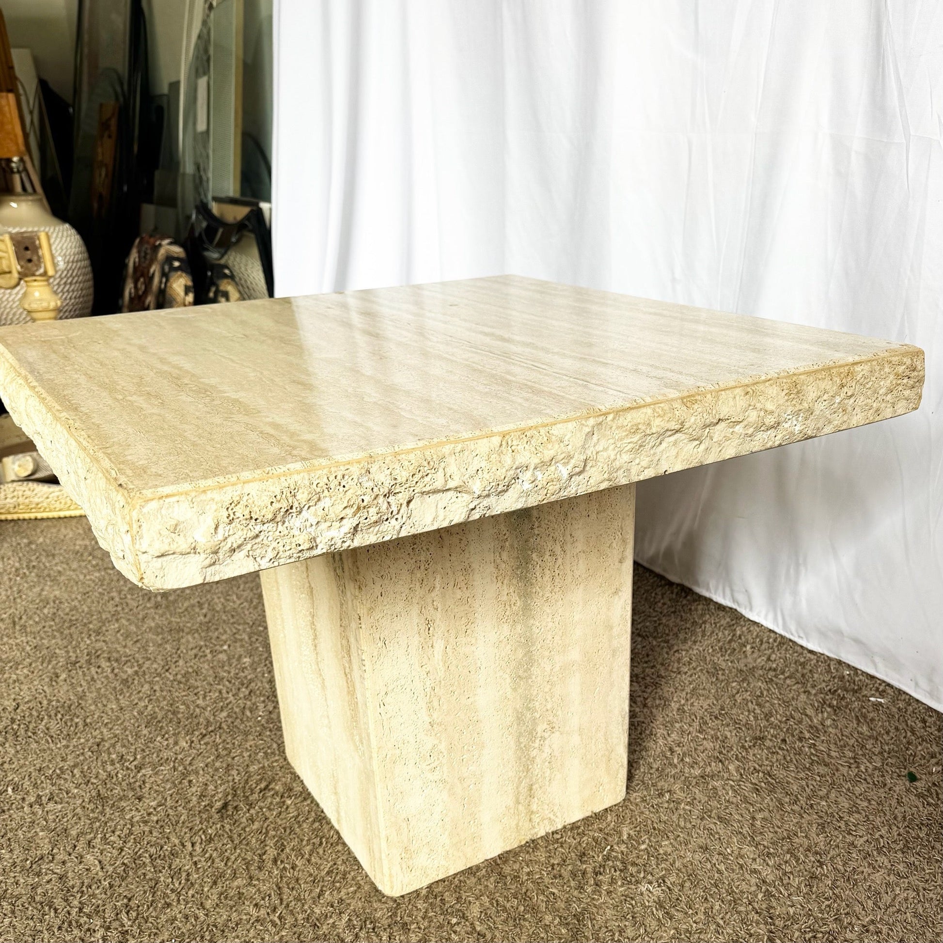 Italian Square Top Travertine Side Table With Raw Edges - Dolphin & Flamingo