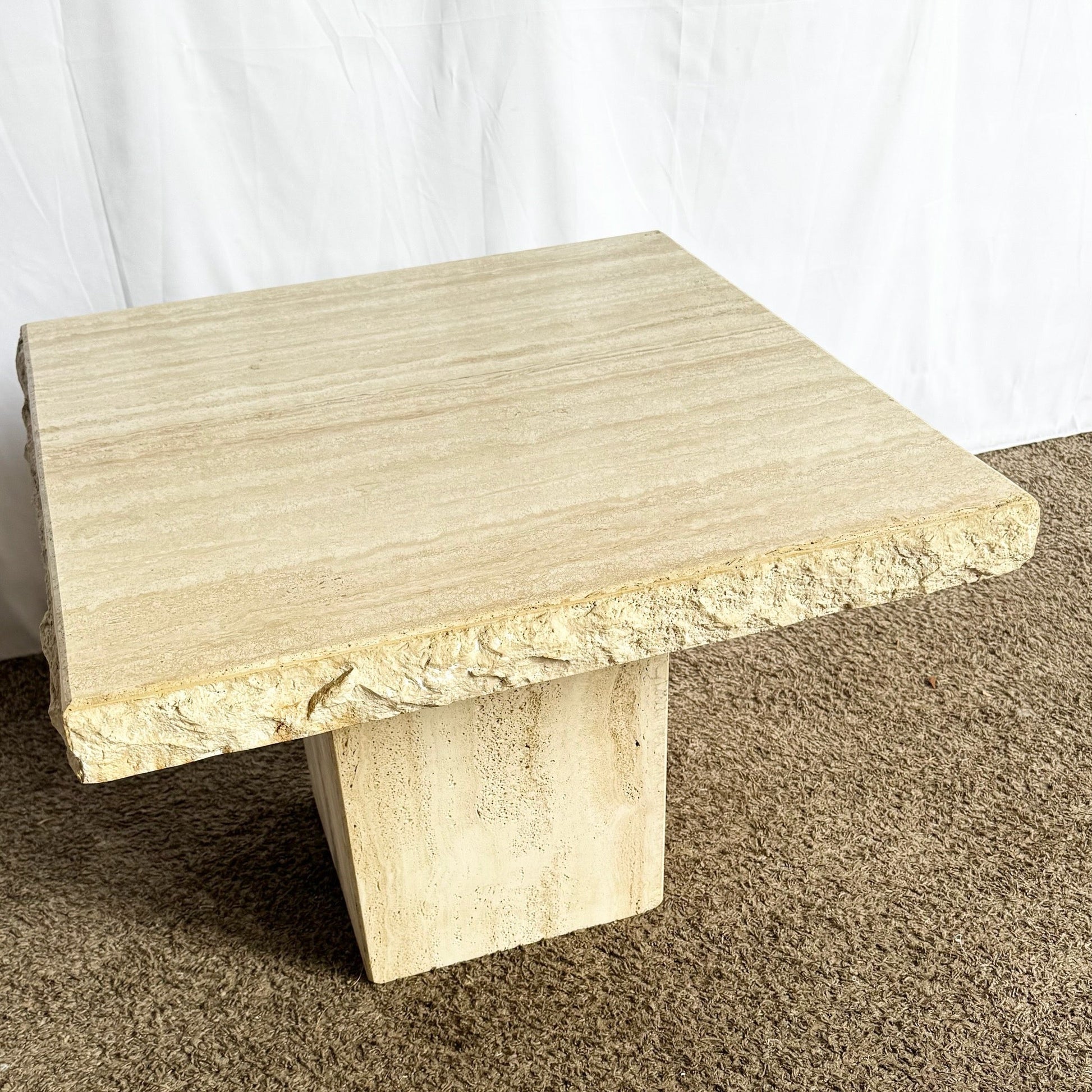 Italian Square Top Travertine Side Table With Raw Edges - Dolphin & Flamingo
