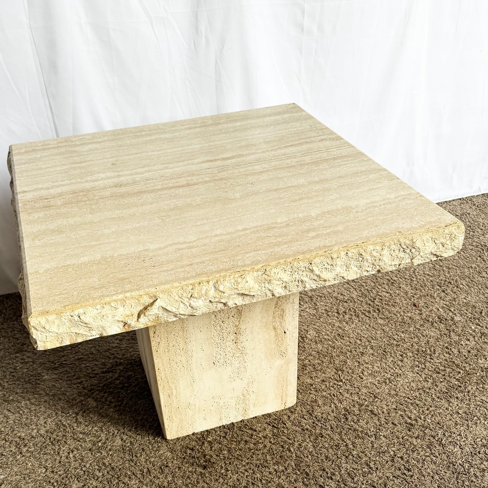 Italian Square Top Travertine Side Table With Raw Edges - Dolphin & Flamingo