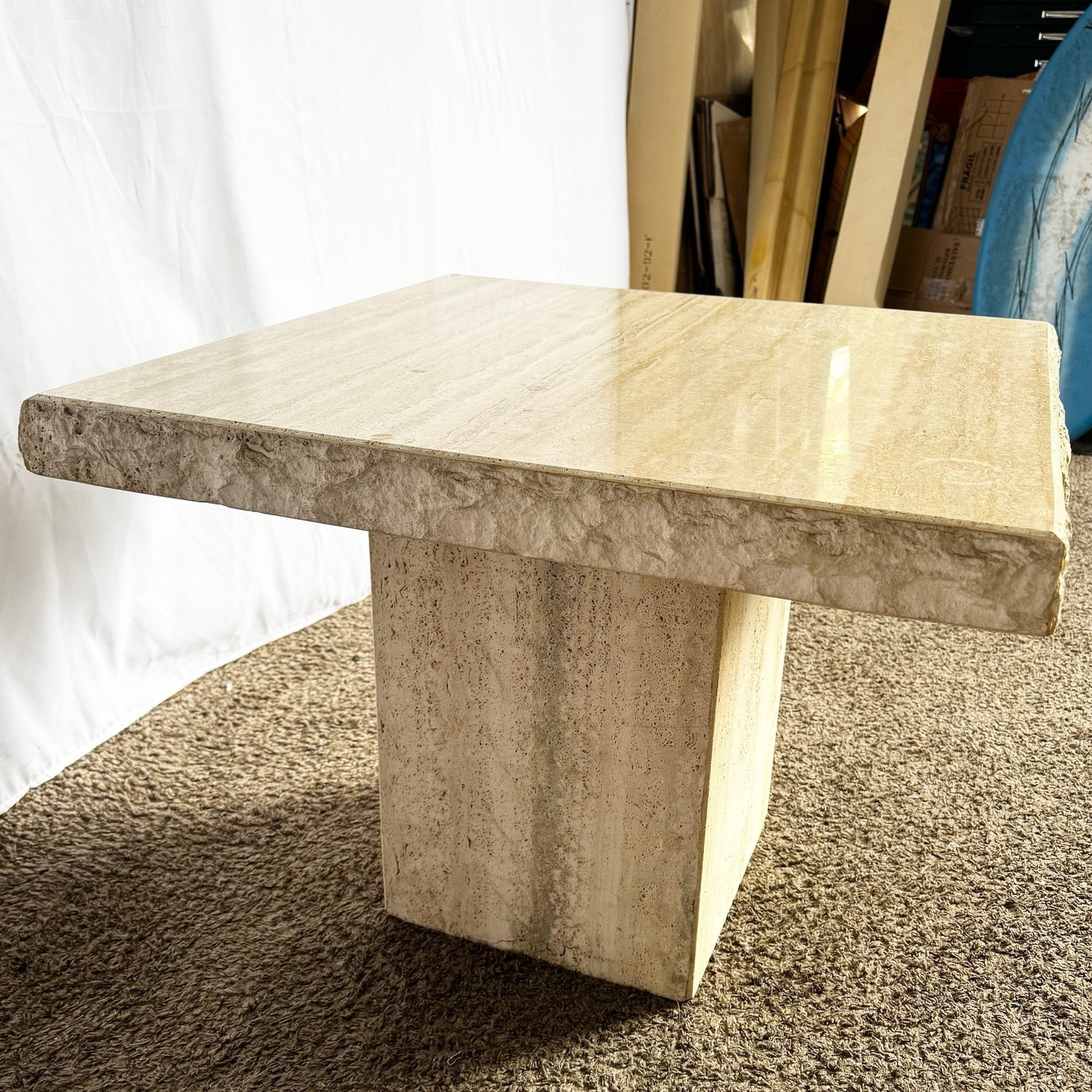 Italian Square Top Travertine Side Table With Raw Edges - Dolphin & Flamingo