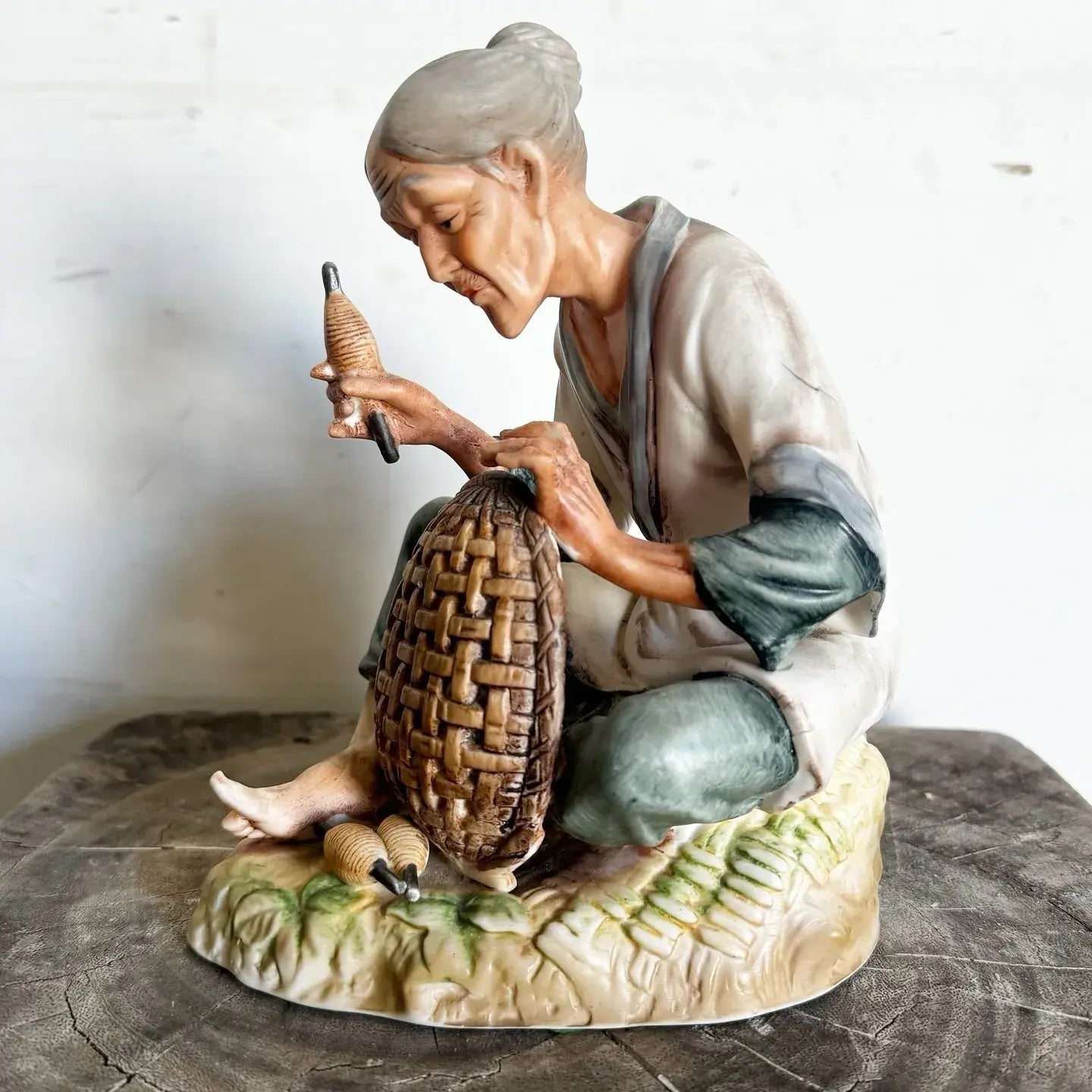 Japanese Women Weaving Basket Ceramic Sculpture