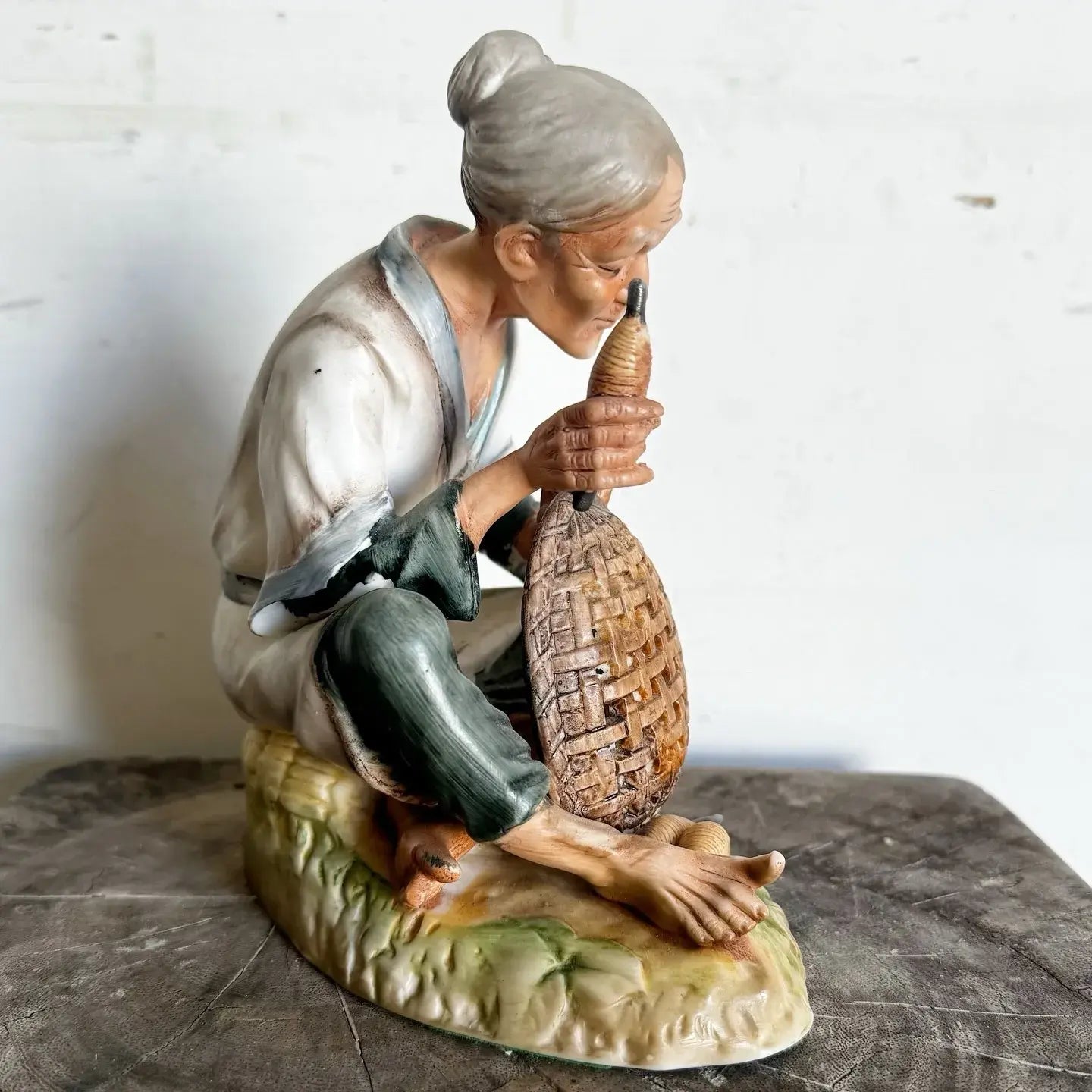 Japanese Women Weaving Basket Ceramic Sculpture