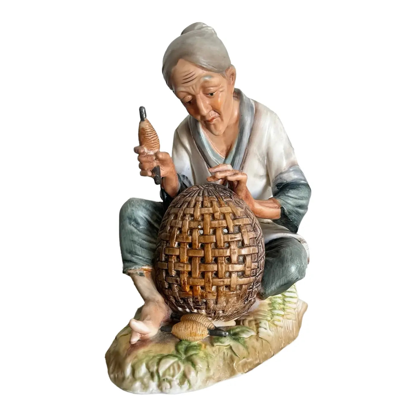 Japanese Women Weaving Basket Ceramic Sculpture