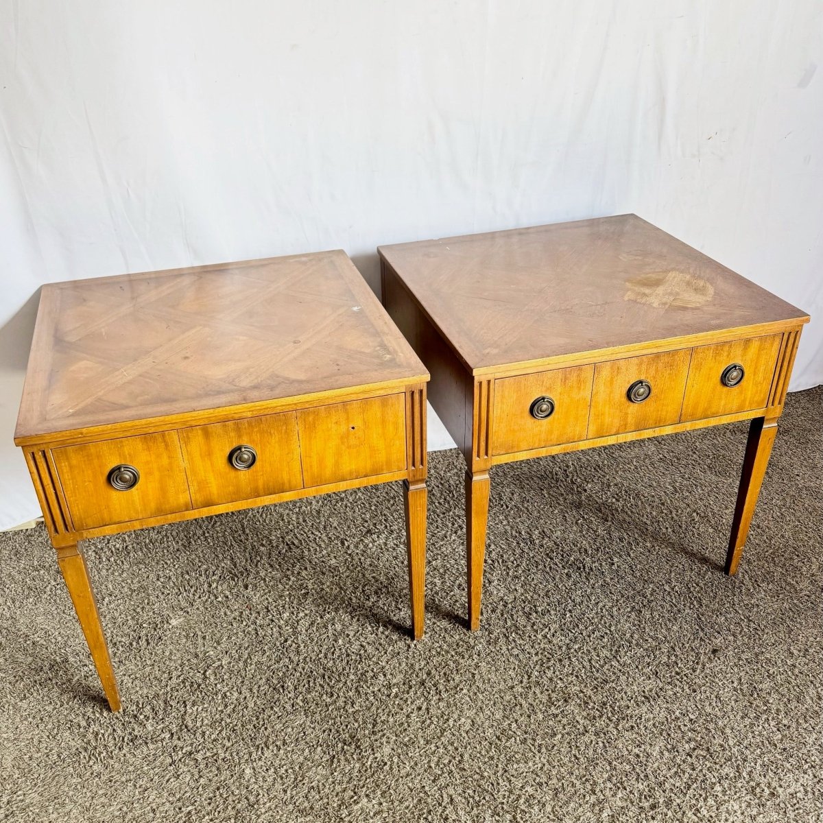 Kittinger Square Parquetry Top Side Tables - A Pair - Dolphin & Flamingo