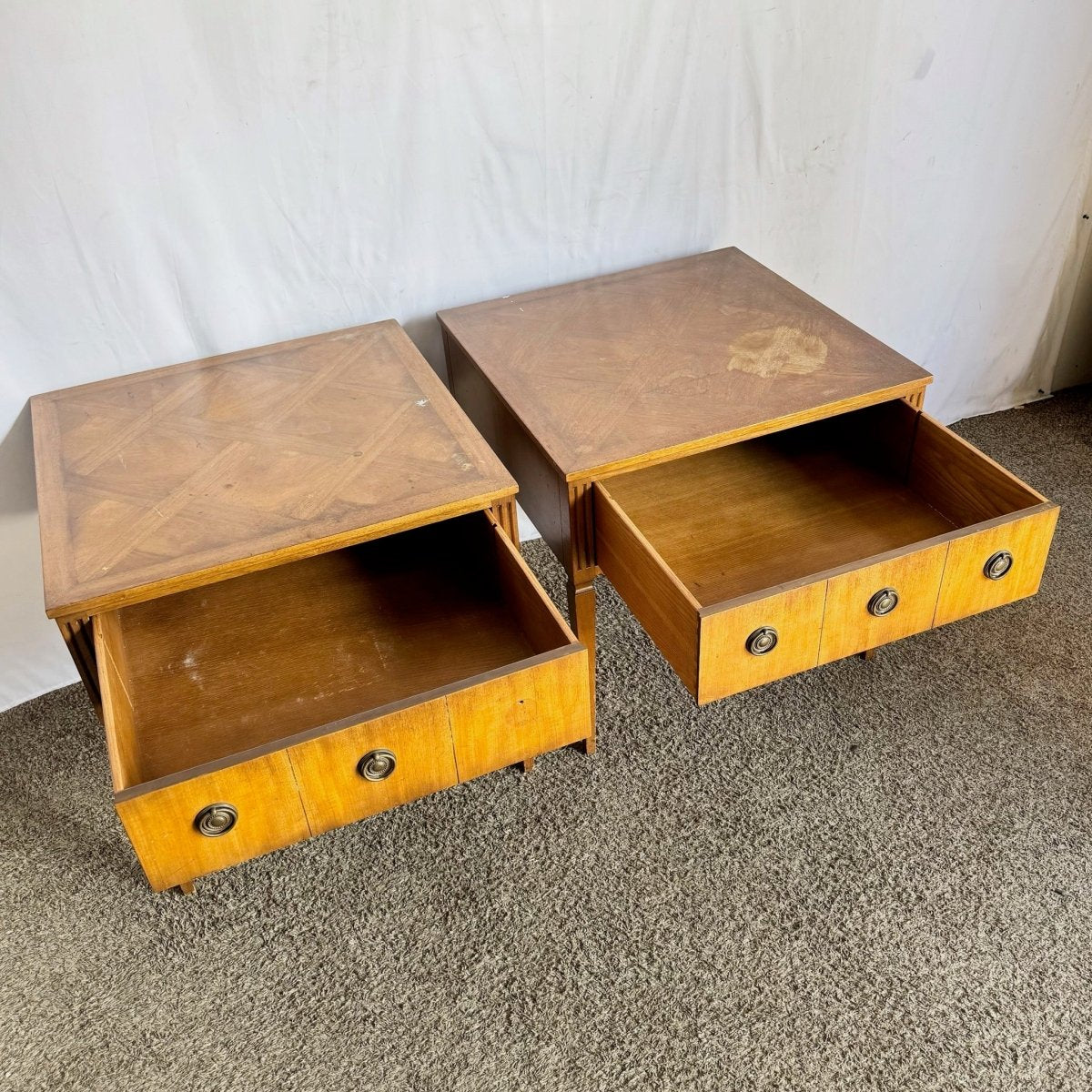 Kittinger Square Parquetry Top Side Tables - A Pair - Dolphin & Flamingo