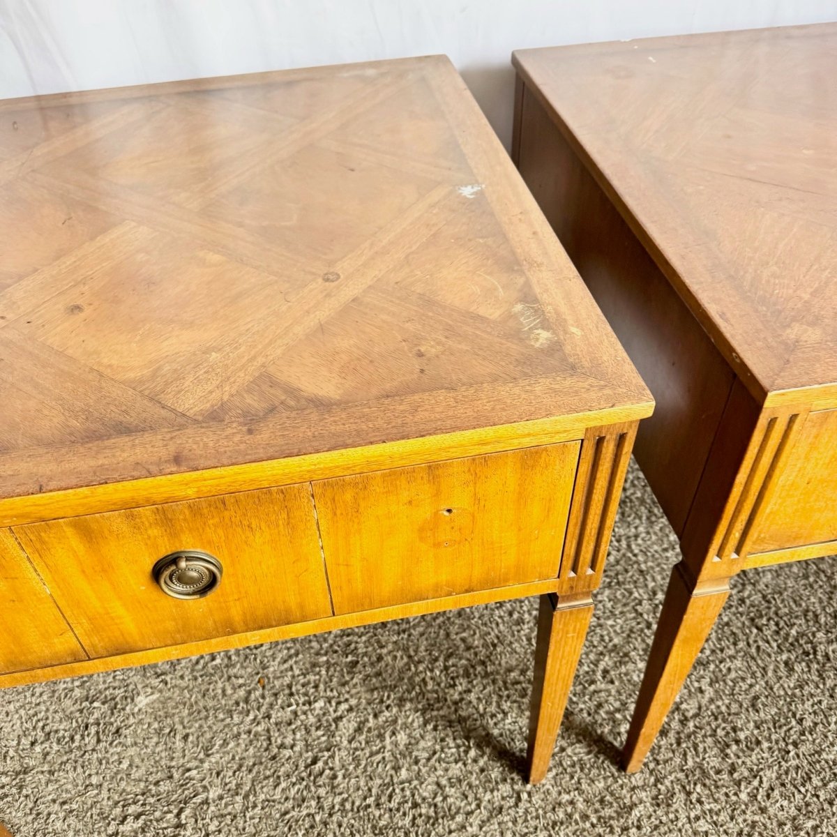Kittinger Square Parquetry Top Side Tables - A Pair - Dolphin & Flamingo