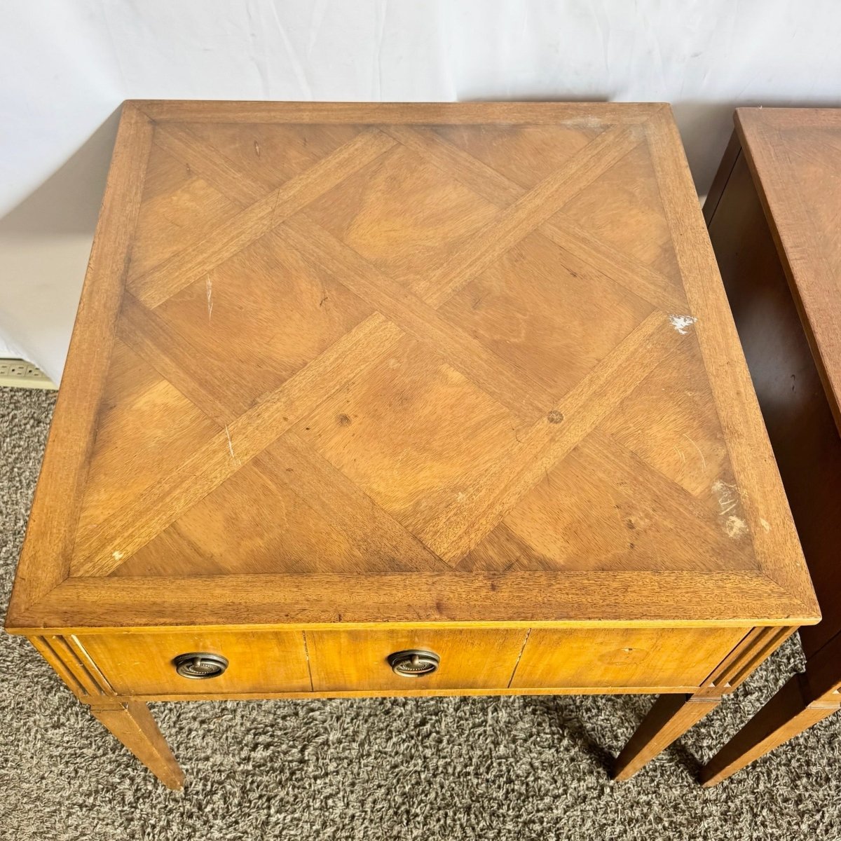 Kittinger Square Parquetry Top Side Tables - A Pair - Dolphin & Flamingo